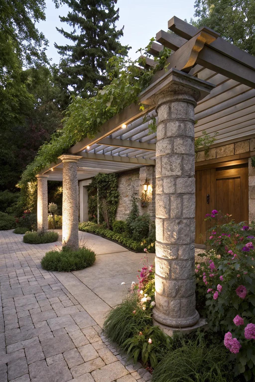 A pergola with stone columns for natural elegance.