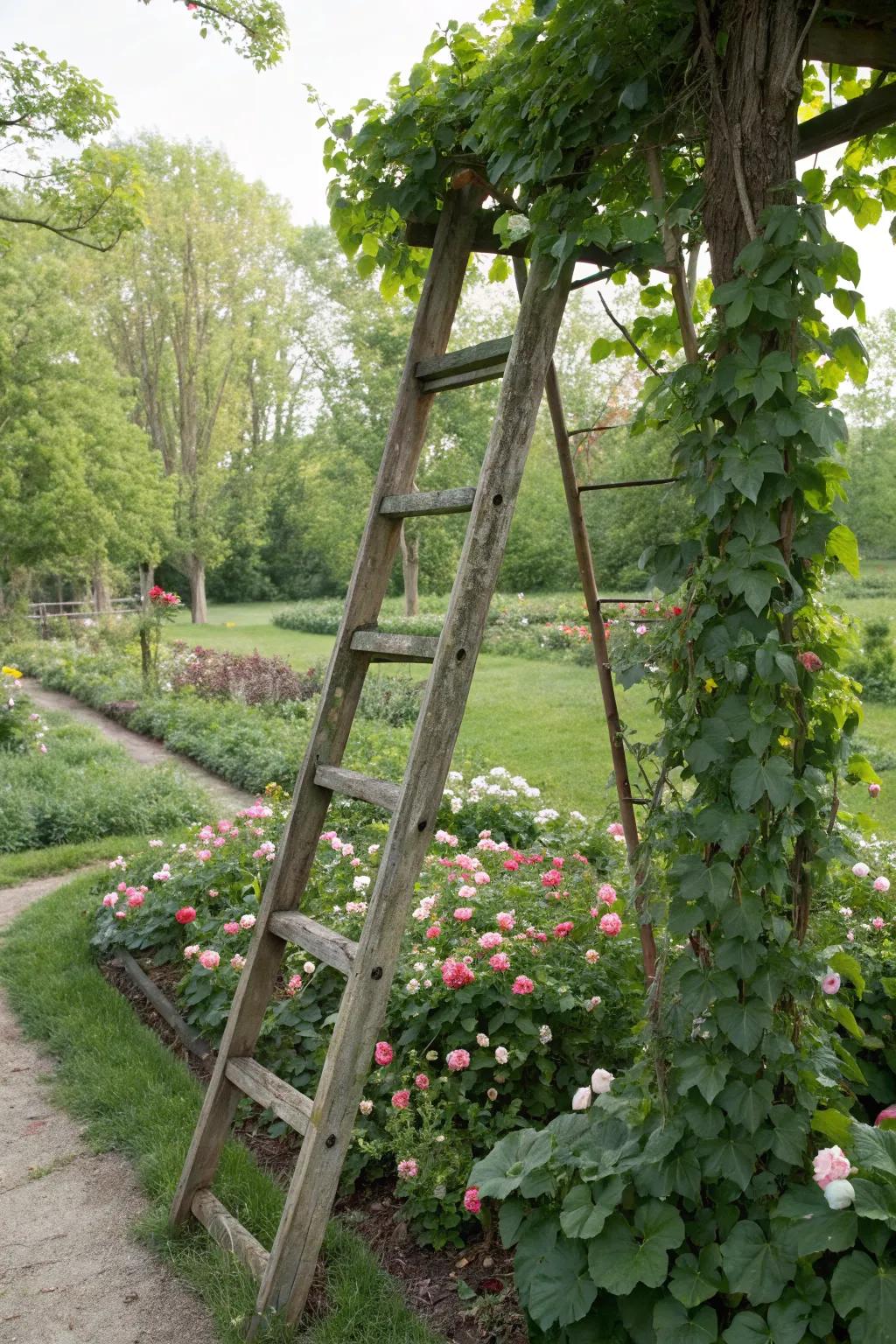Use an old ladder as a garden trellis.