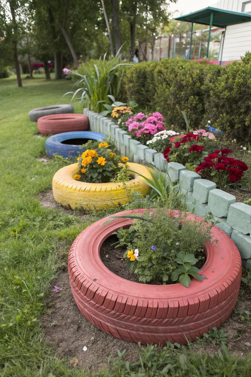 Recycled tires offer a creative, eco-friendly border.