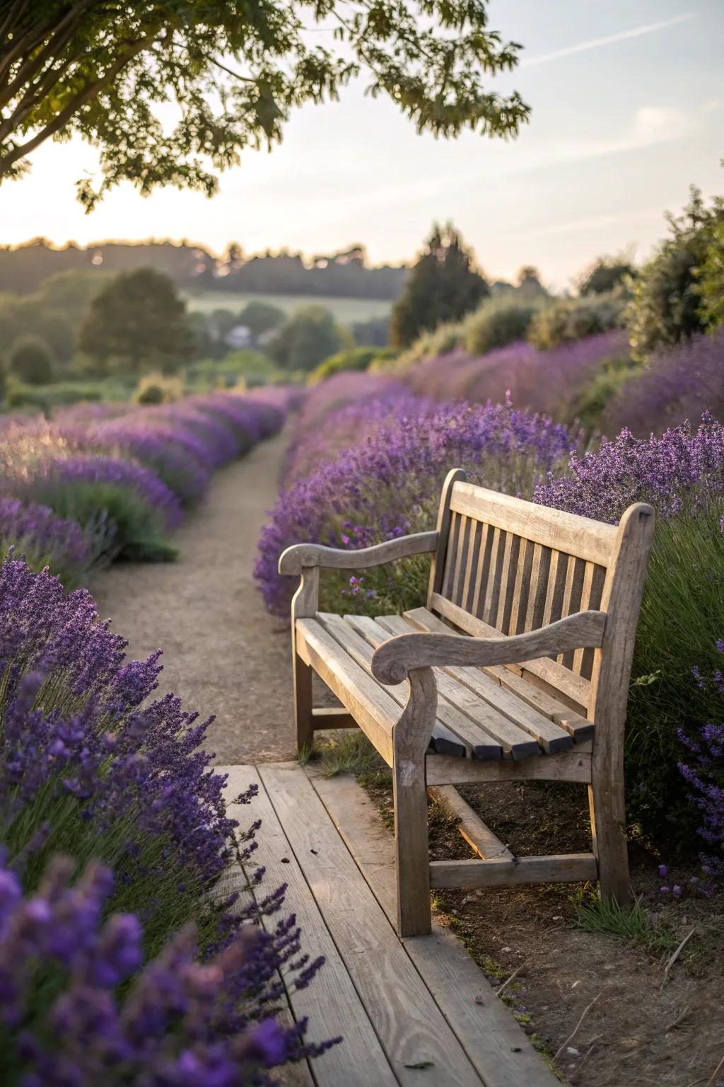 A lavender bench offers a unique and tranquil retreat in the garden.
