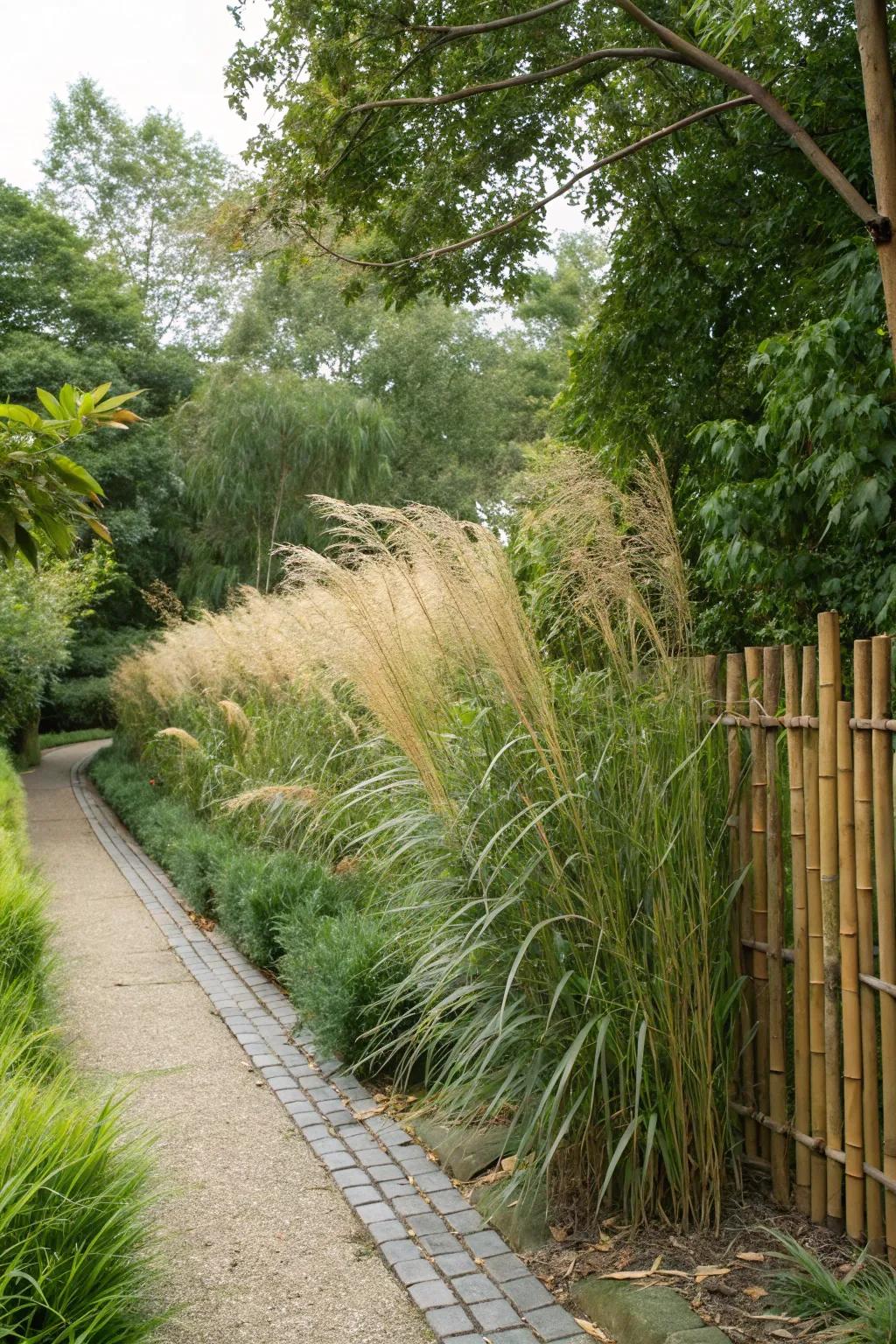 Tall plants like bamboo create a dynamic, living garden border.