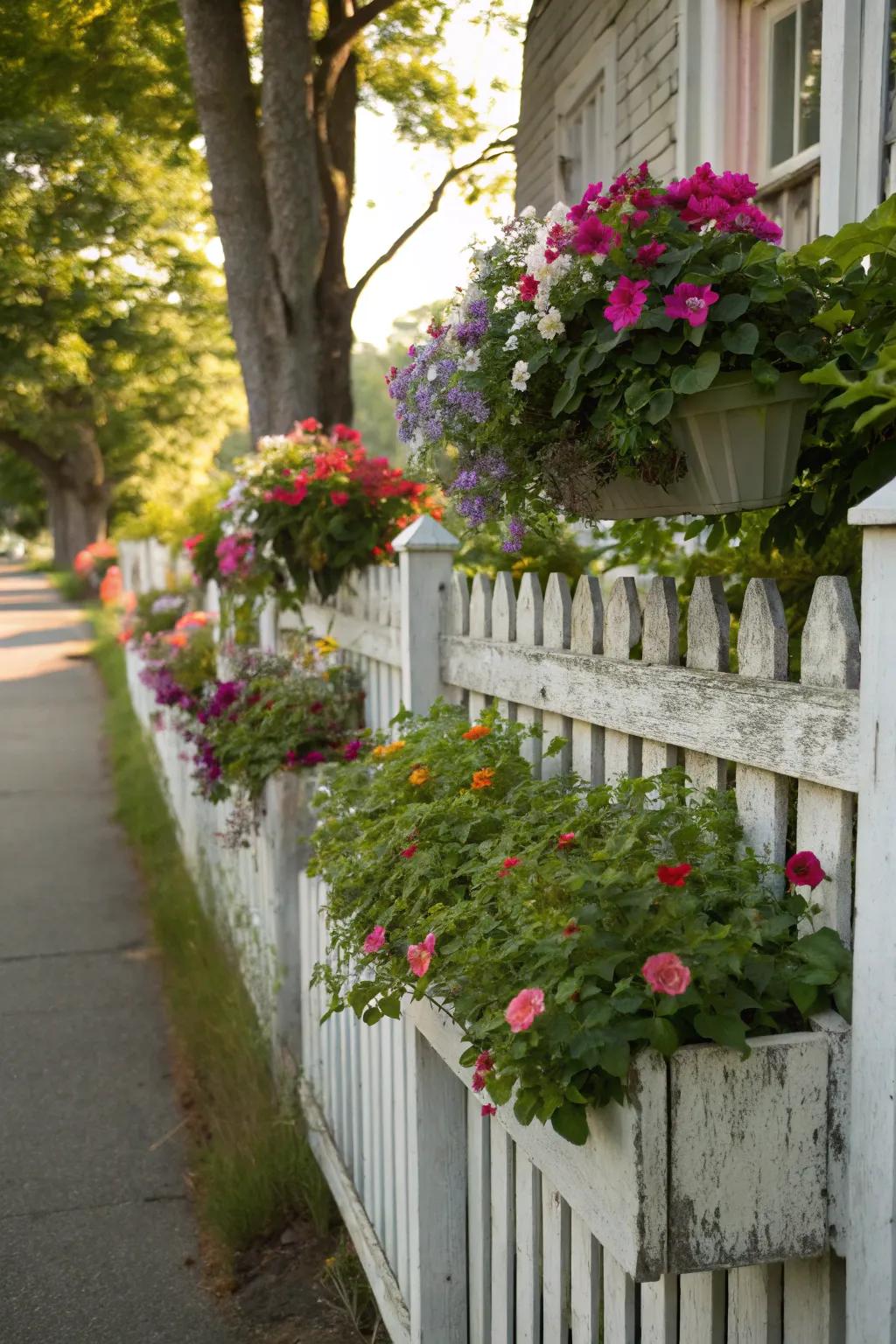A garden fence beautifully adorned with lush window boxes.