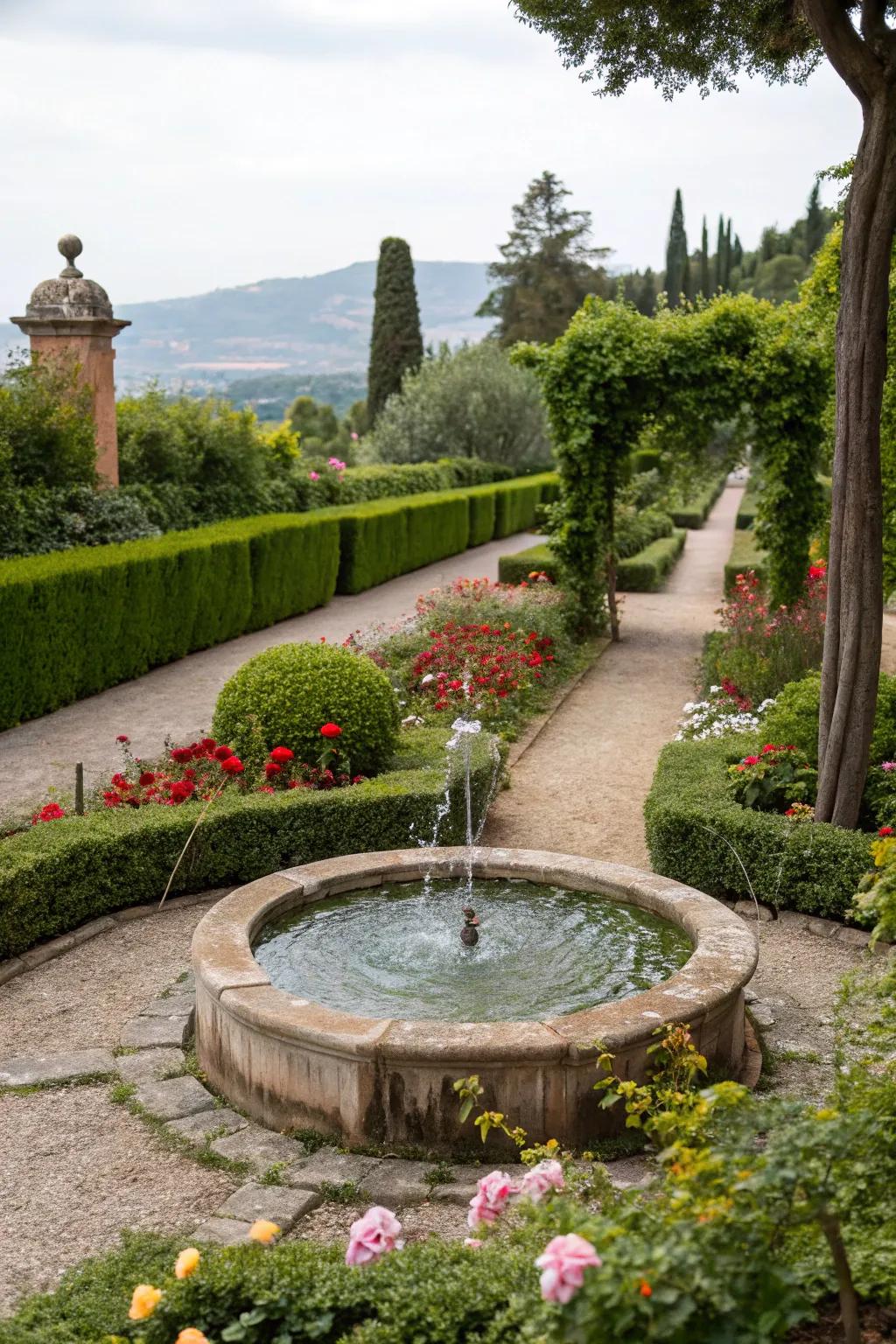 A tranquil garden display featuring a soothing water feature.