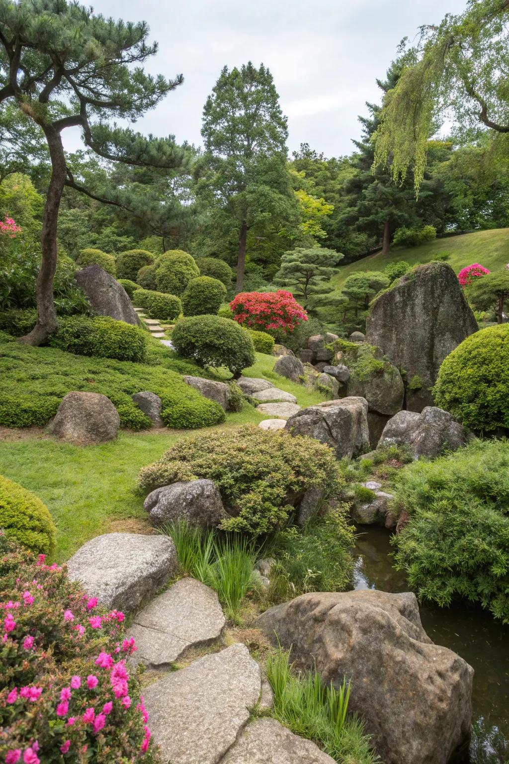 Natural rock formations add a rugged focal point in the garden.