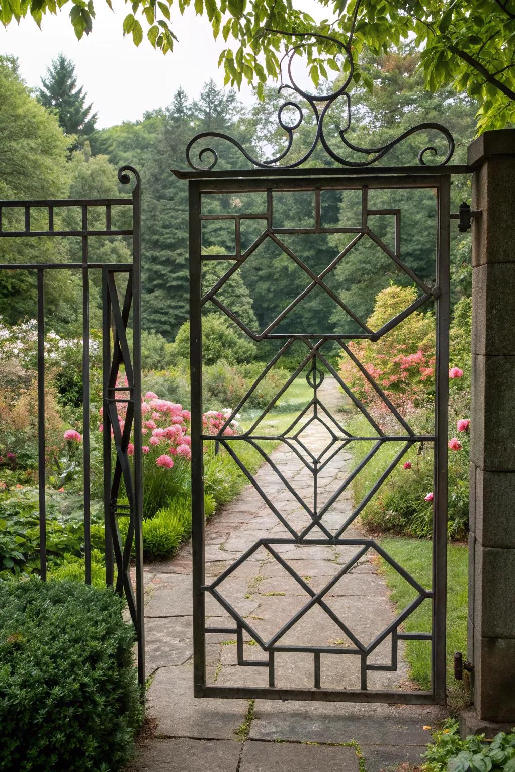 Geometric metal designs offer a modern garden entrance.