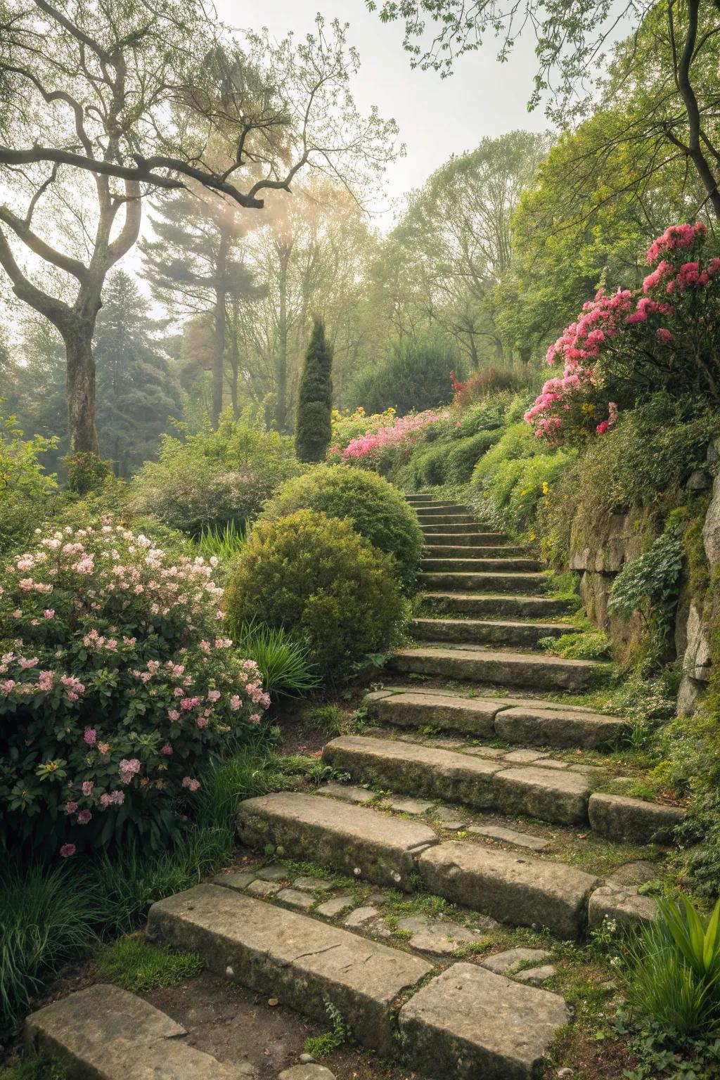 Garden steps add elegance and guide through different levels.