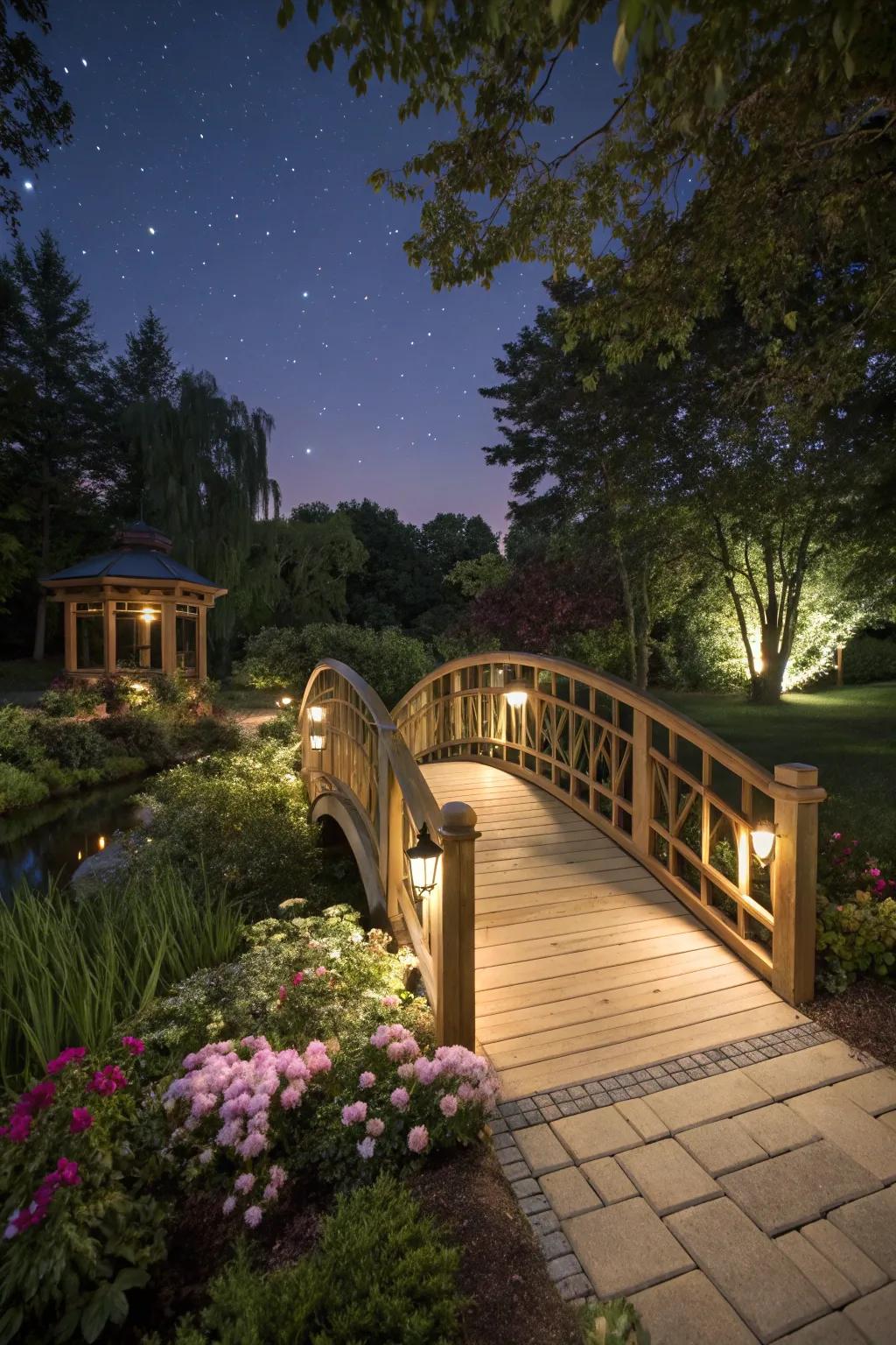 Integrated lighting casts a magical glow on this garden bridge.