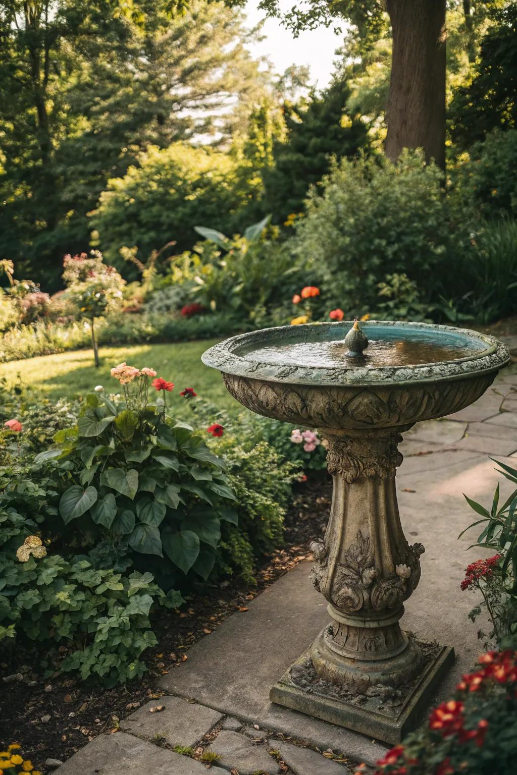 Attract wildlife and add charm with a vintage birdbath.