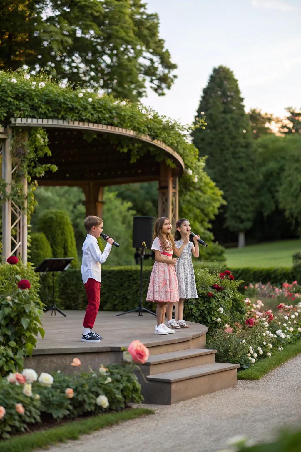 An outdoor theater stage where children can perform plays and shows in a garden setting.