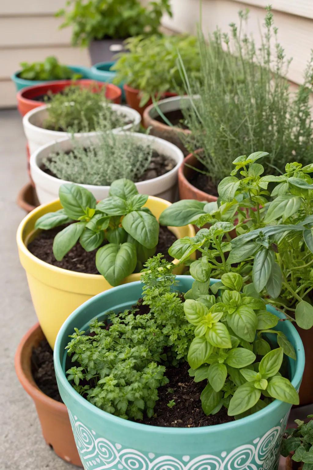 A practical and attractive pottery herb garden setup.