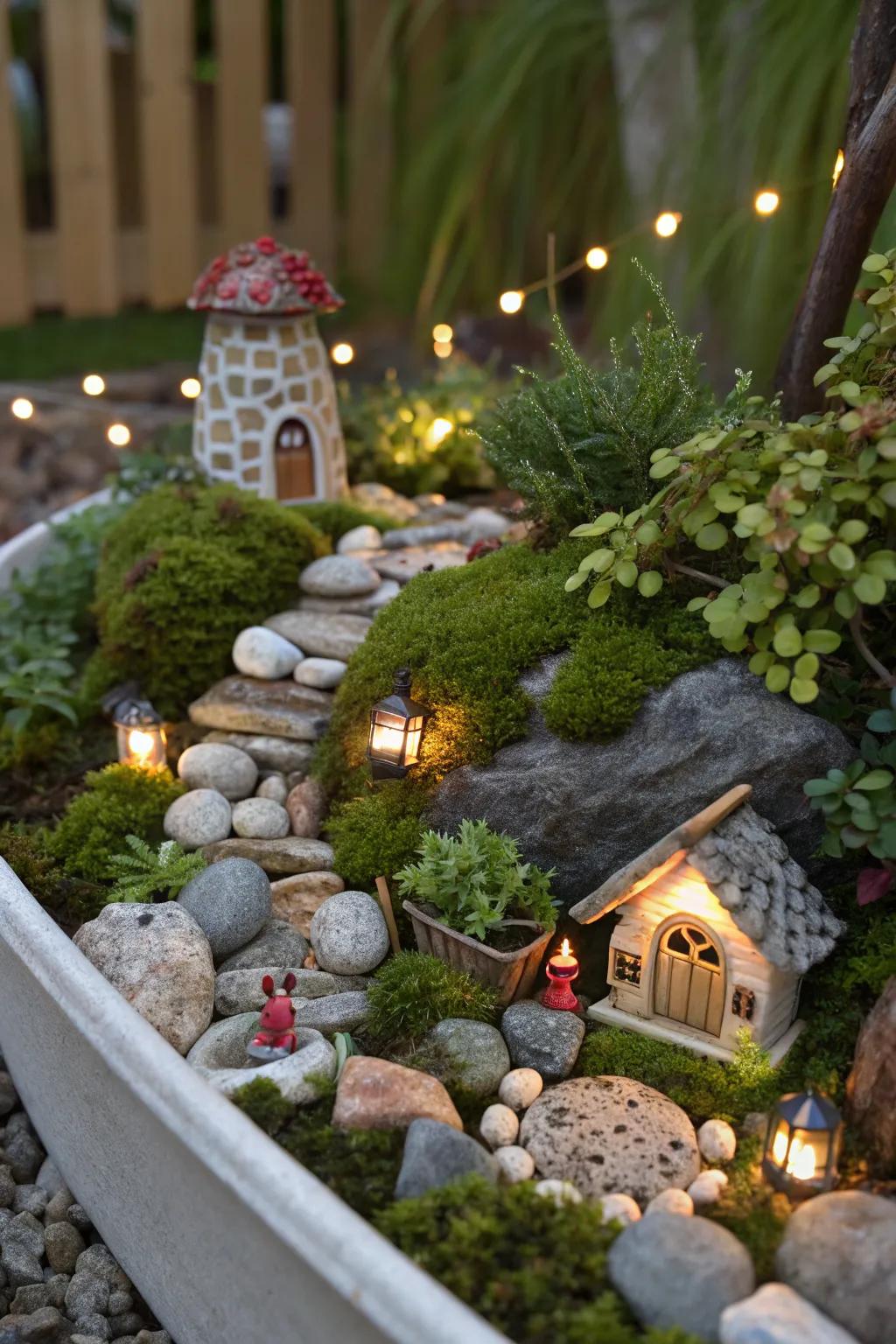Mini fairy gardens create whimsical worlds in small spaces.