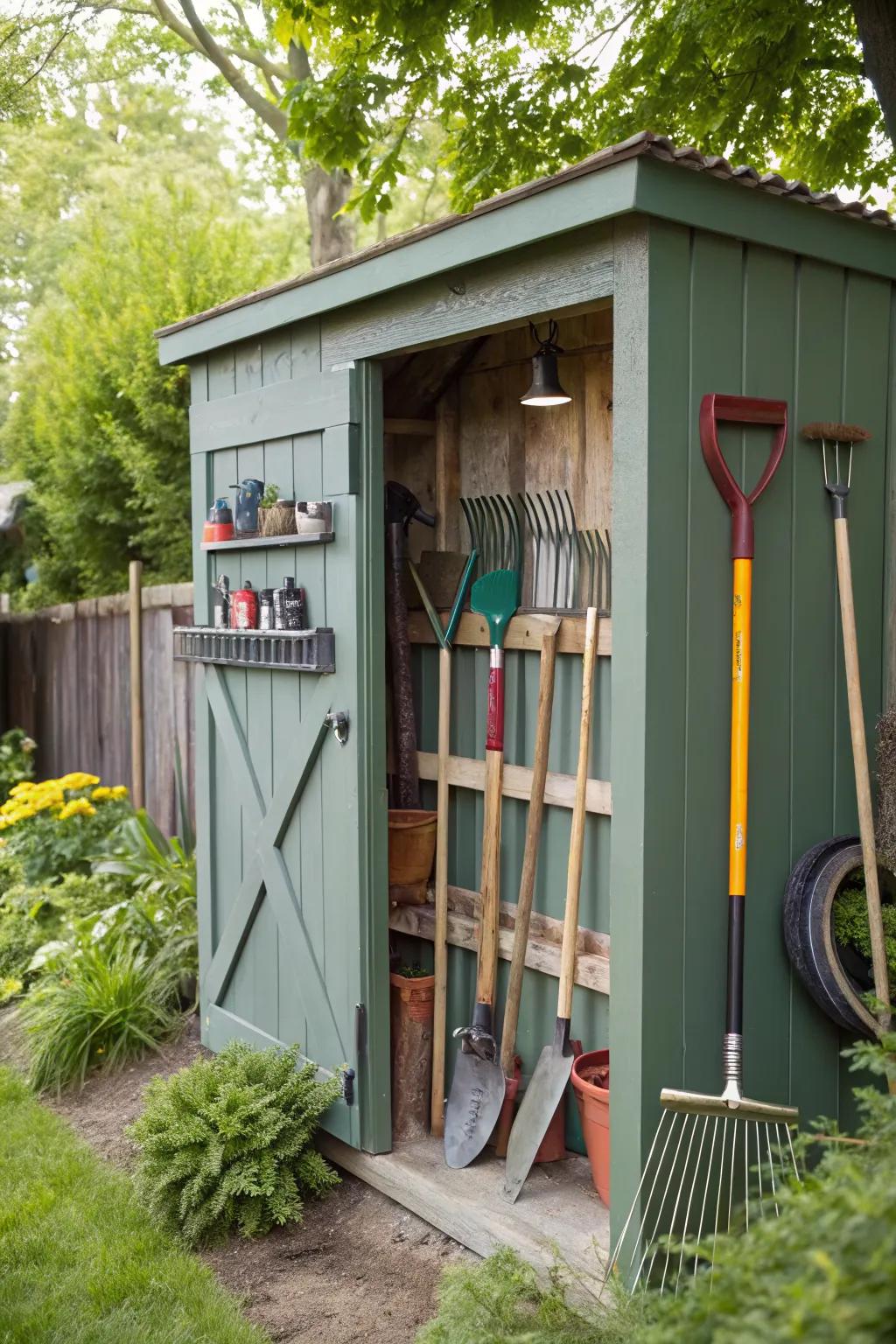 A DIY tool rack efficiently organizes long-handled tools.