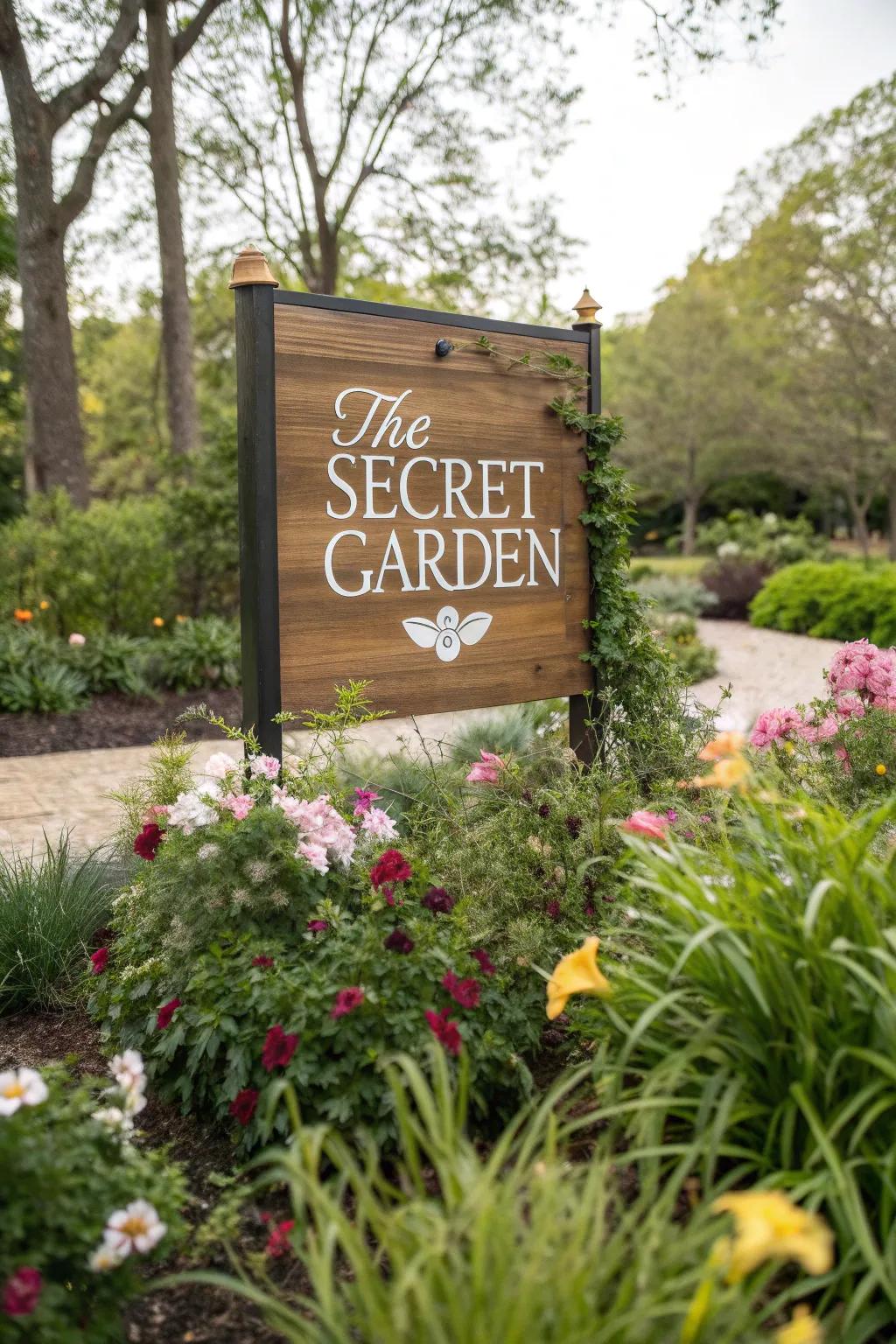 Storybook-themed signs weave magic into the garden.