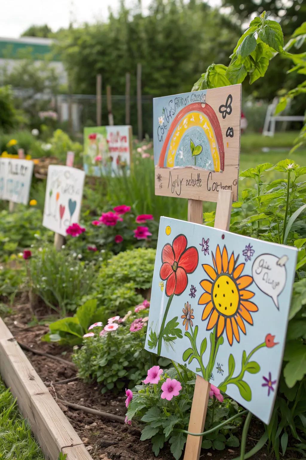 Playful garden signs featuring children's colorful artwork.