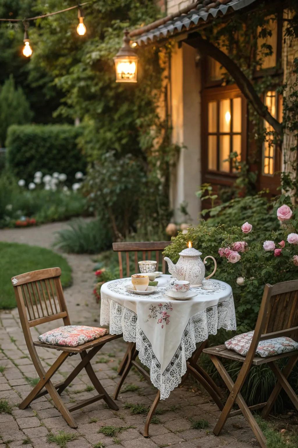 A vintage tea party setup adds whimsy and nostalgia to your garden.