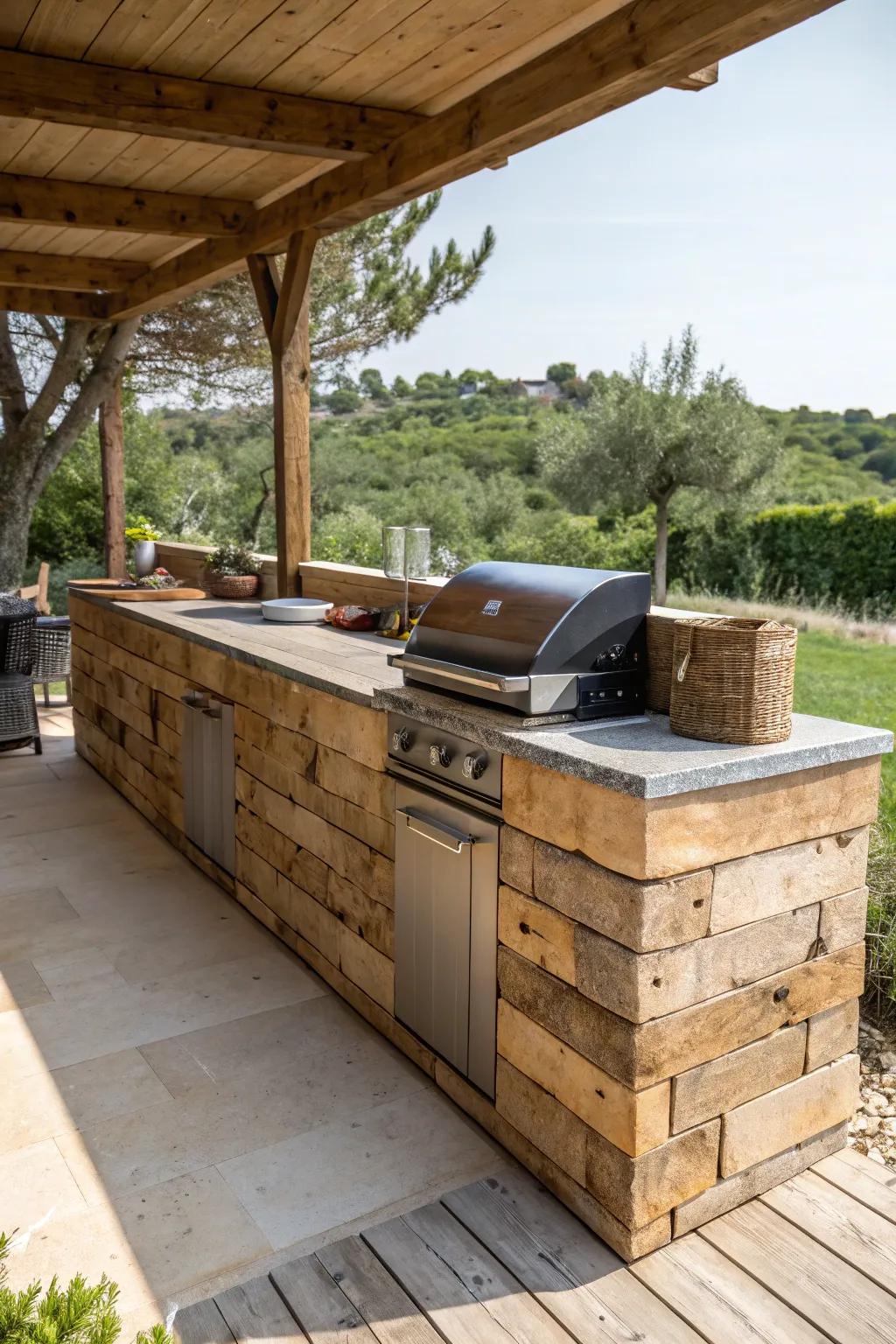 A rustic outdoor kitchen area with sleeper-built counters.