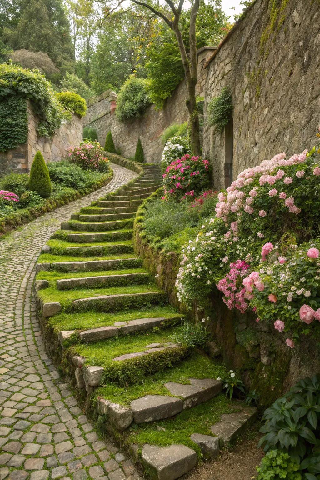 Quaint cobblestone stairs adding old-world charm to the garden.