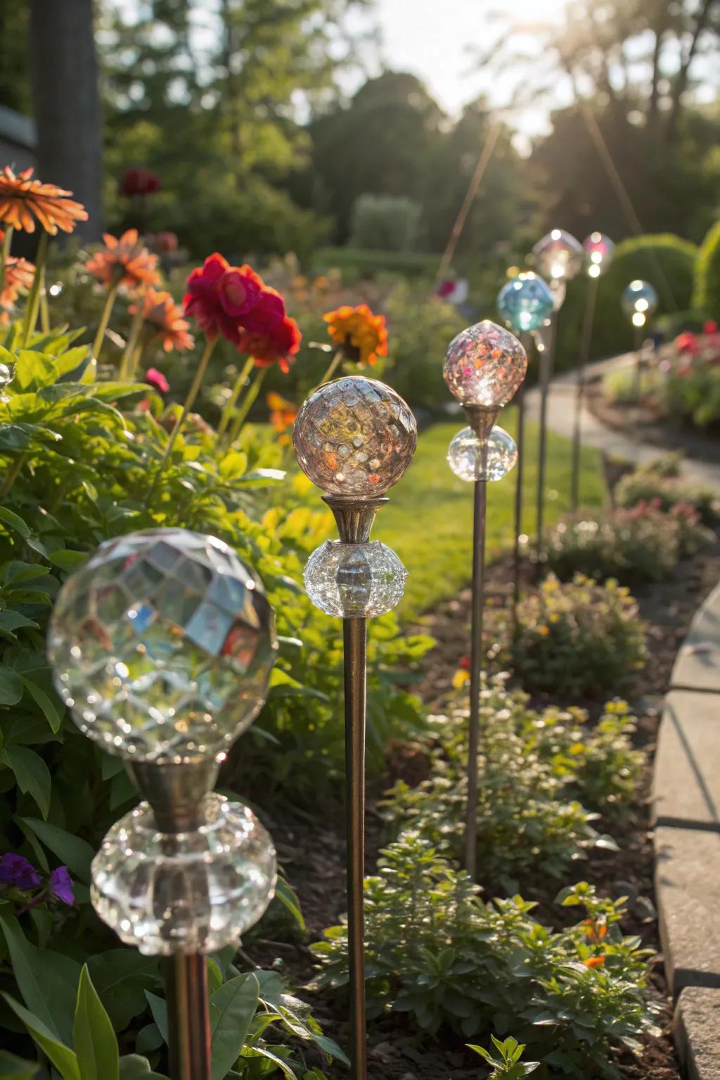 Dazzling glass gem garden stakes adding a touch of magic to the garden.