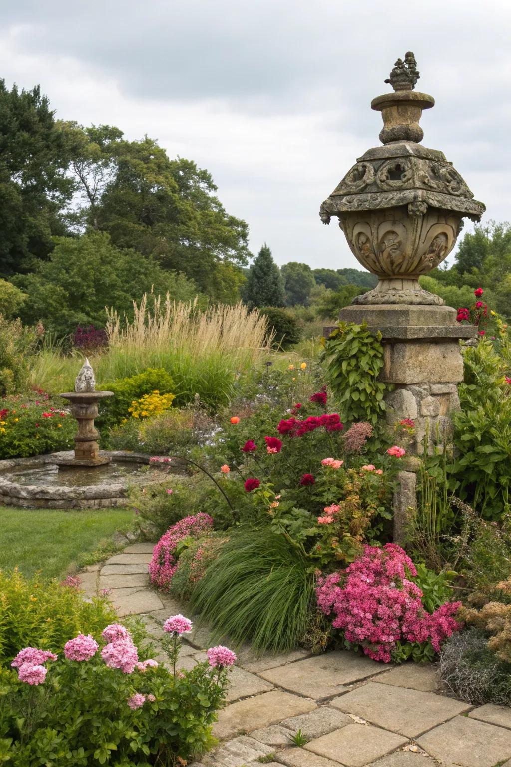 Stone sculptures add unique character to garden spaces.