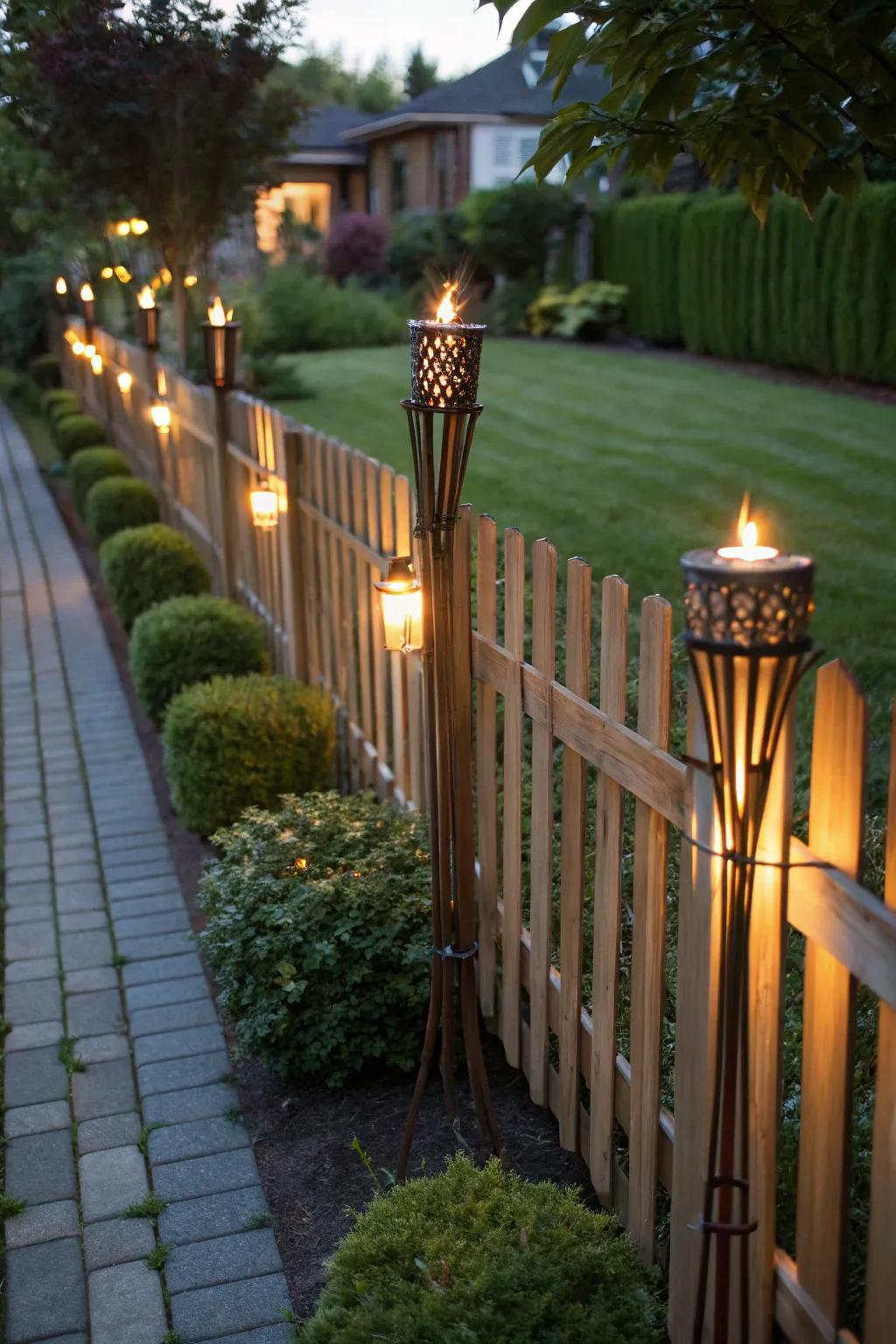 Fence-mounted torches enhance small garden spaces with light.