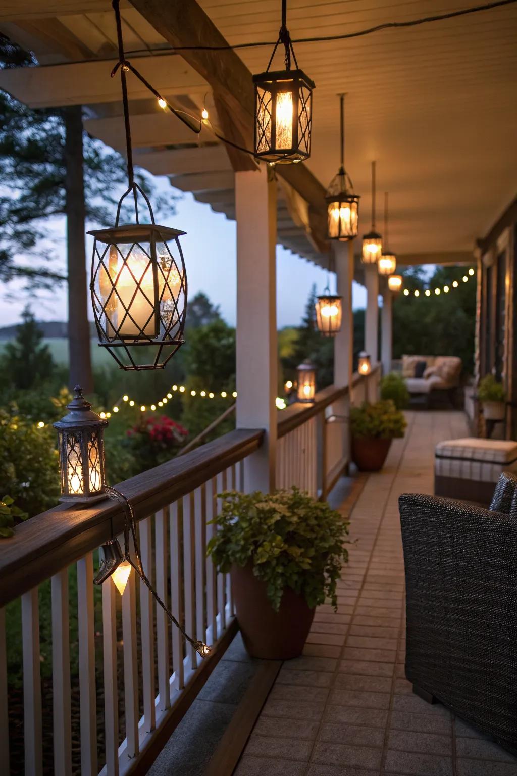 Solar-powered lights provide an eco-friendly glow to a garden veranda.