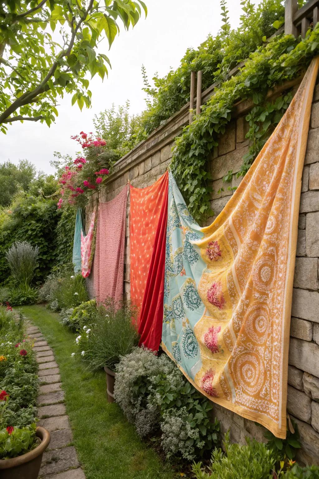 Fabric wall hangings add warmth and texture to garden settings.