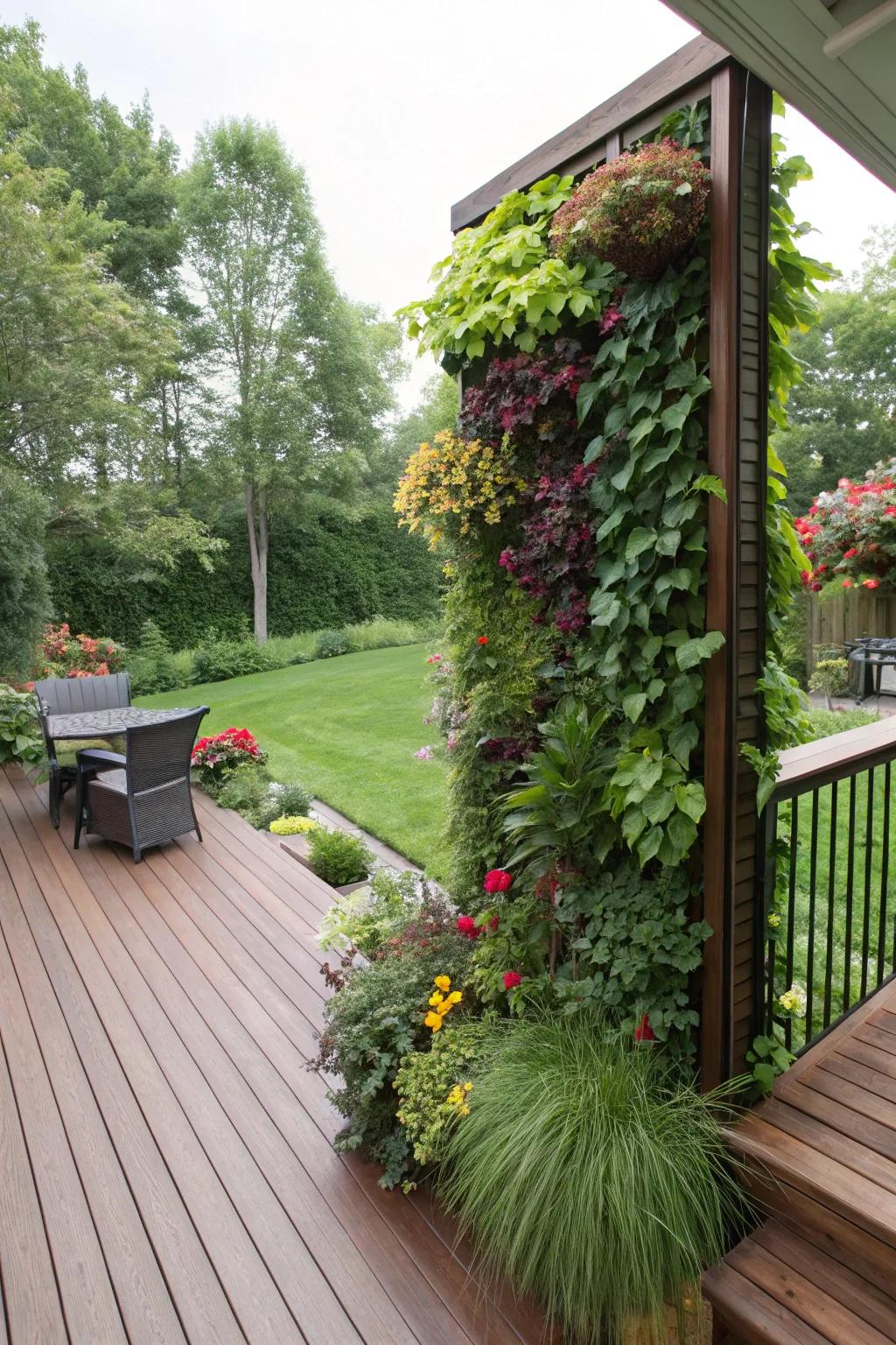 Vertical gardens add dimension and greenery to a deck.