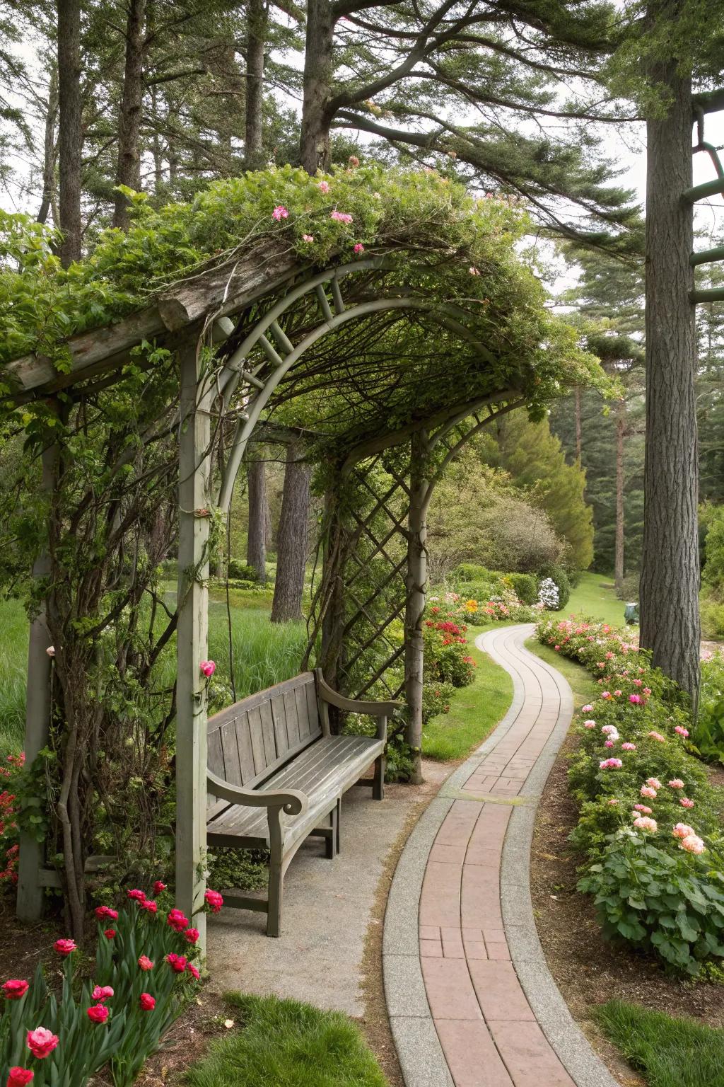 An arbor with integrated bench seating offers a perfect spot to relax and enjoy the garden.