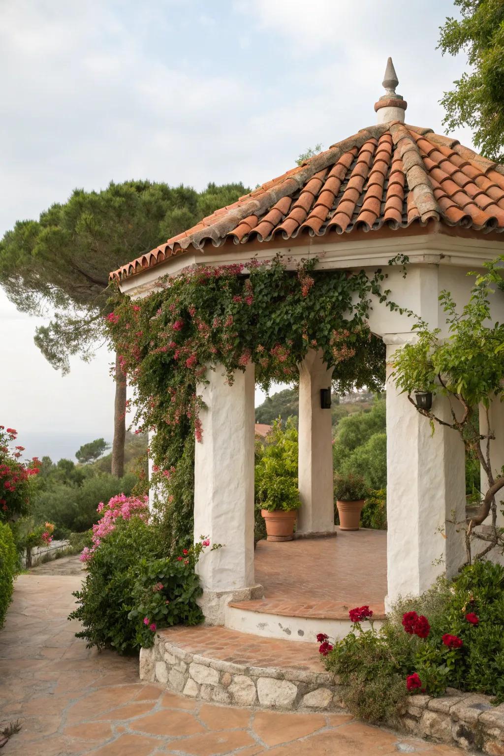 Enjoy a Mediterranean escape with this gazebo design.