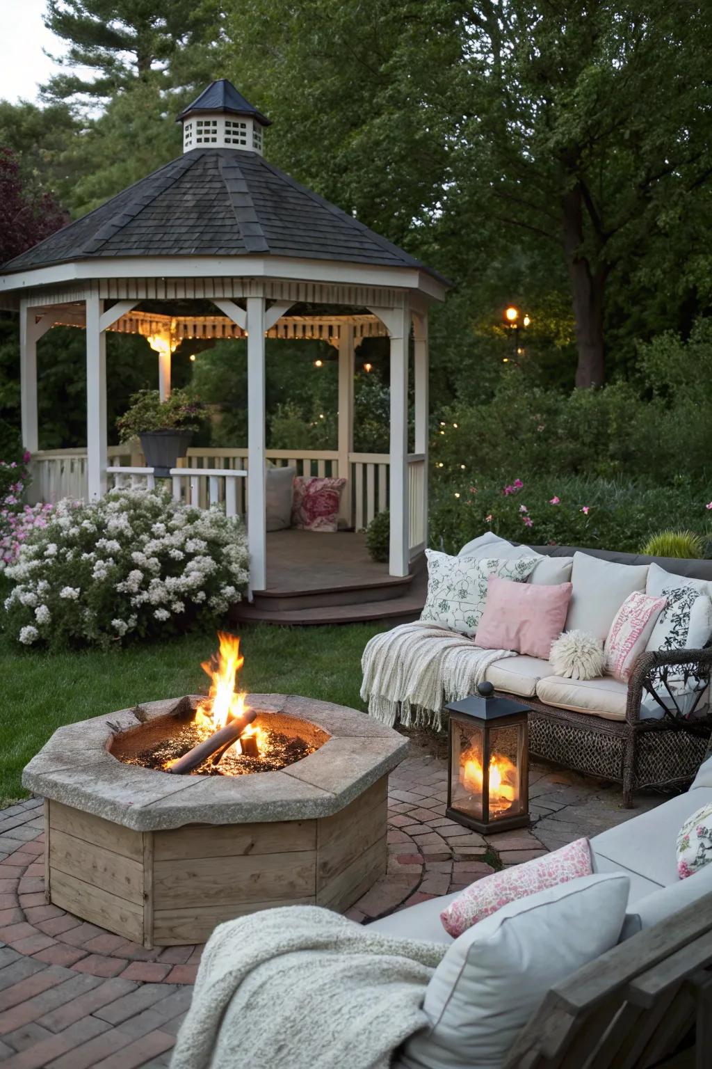 A welcoming fire pit beside a charming gazebo.