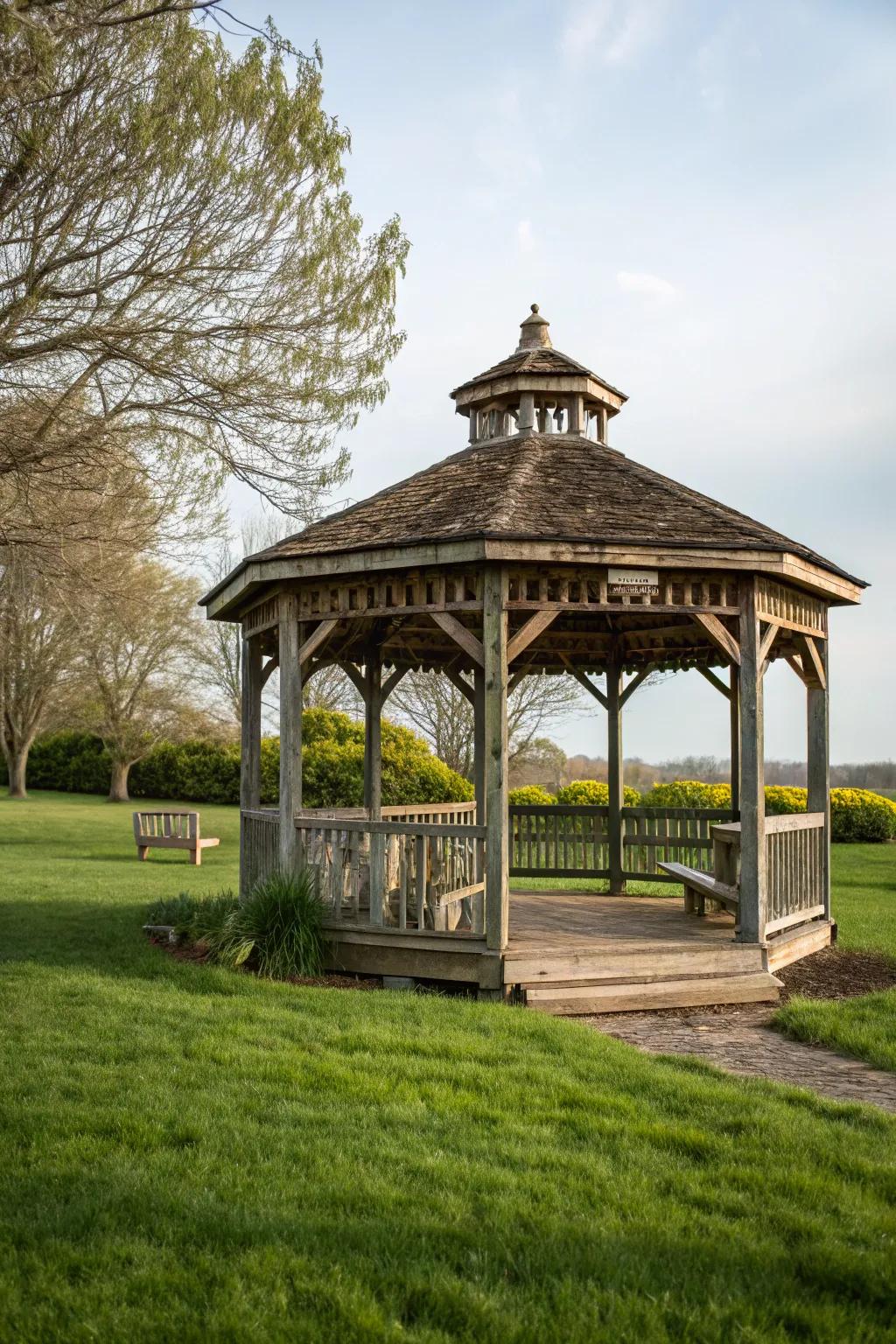 Rustic wooden elements add warmth and charm to this inviting gazebo.