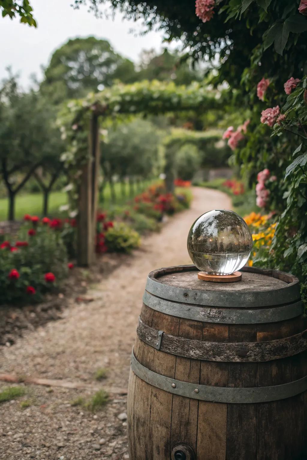 A vintage barrel stand brings rustic charm to the garden.