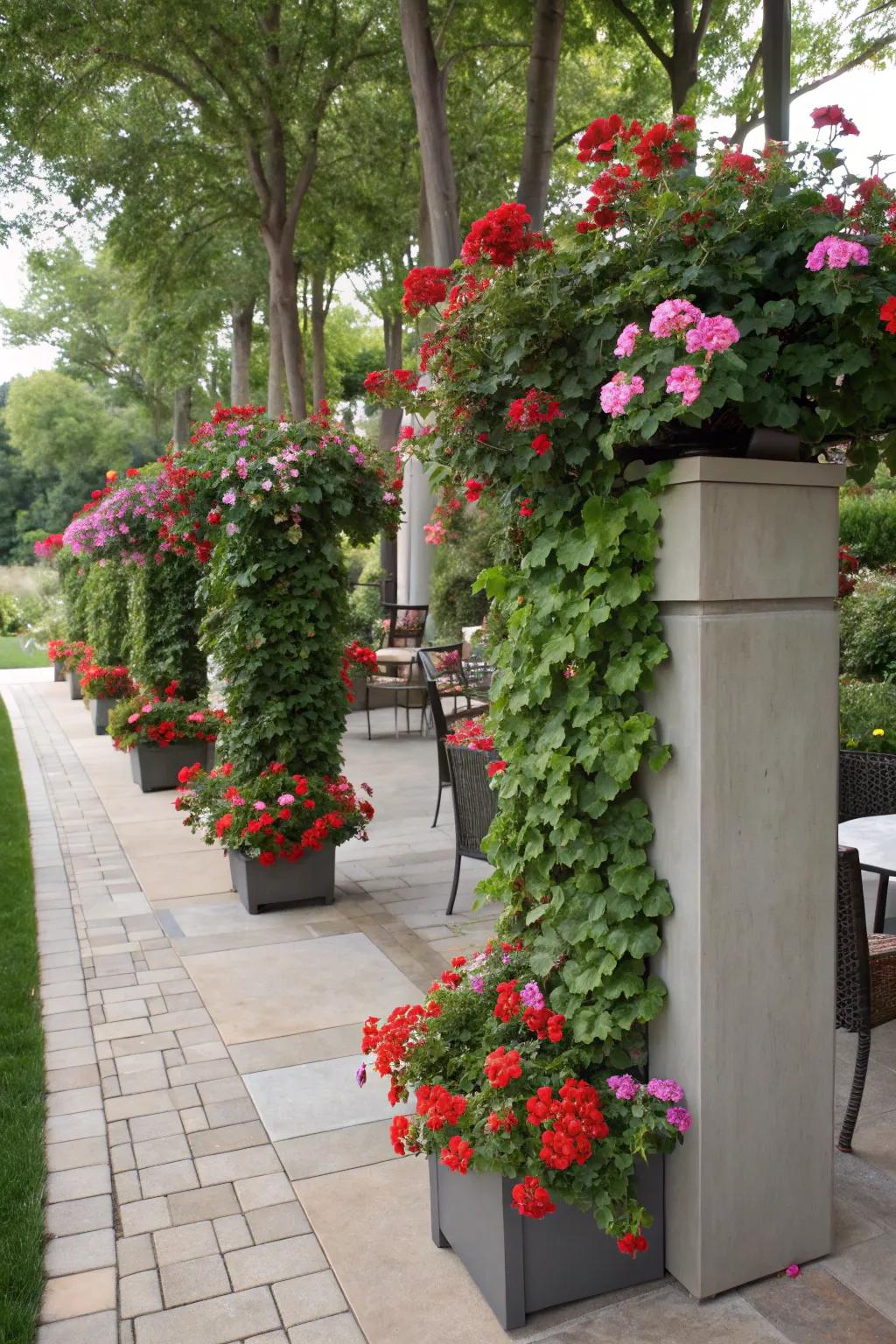 A living privacy screen with tall planters and vibrant geraniums.