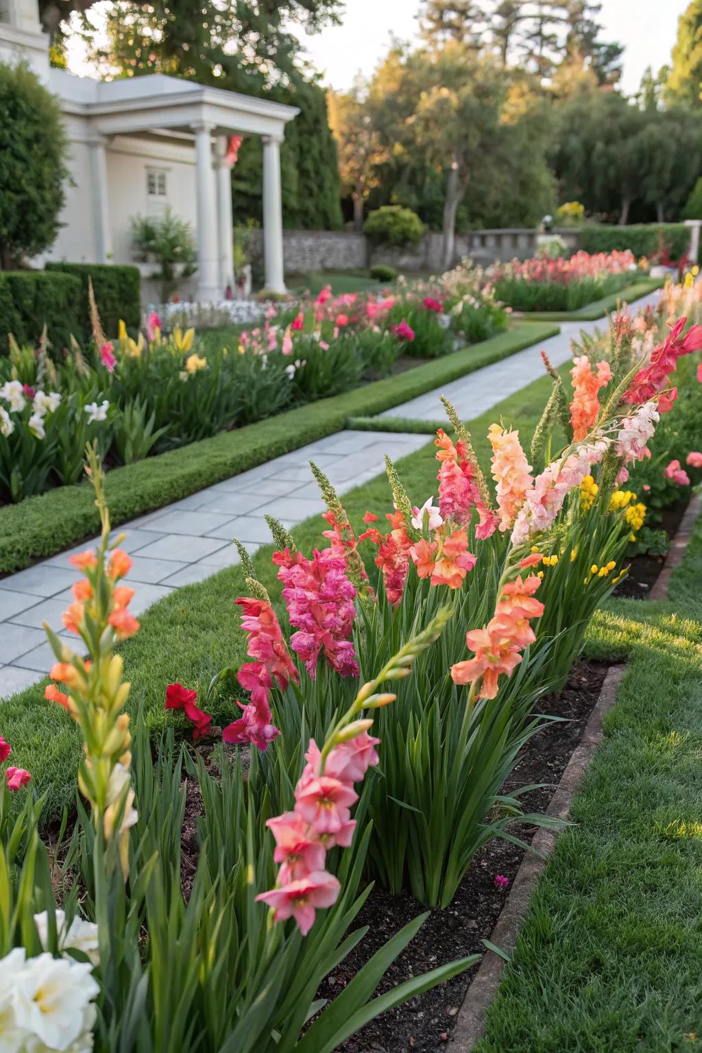 Seasonal transitions in a garden with gladiolus.