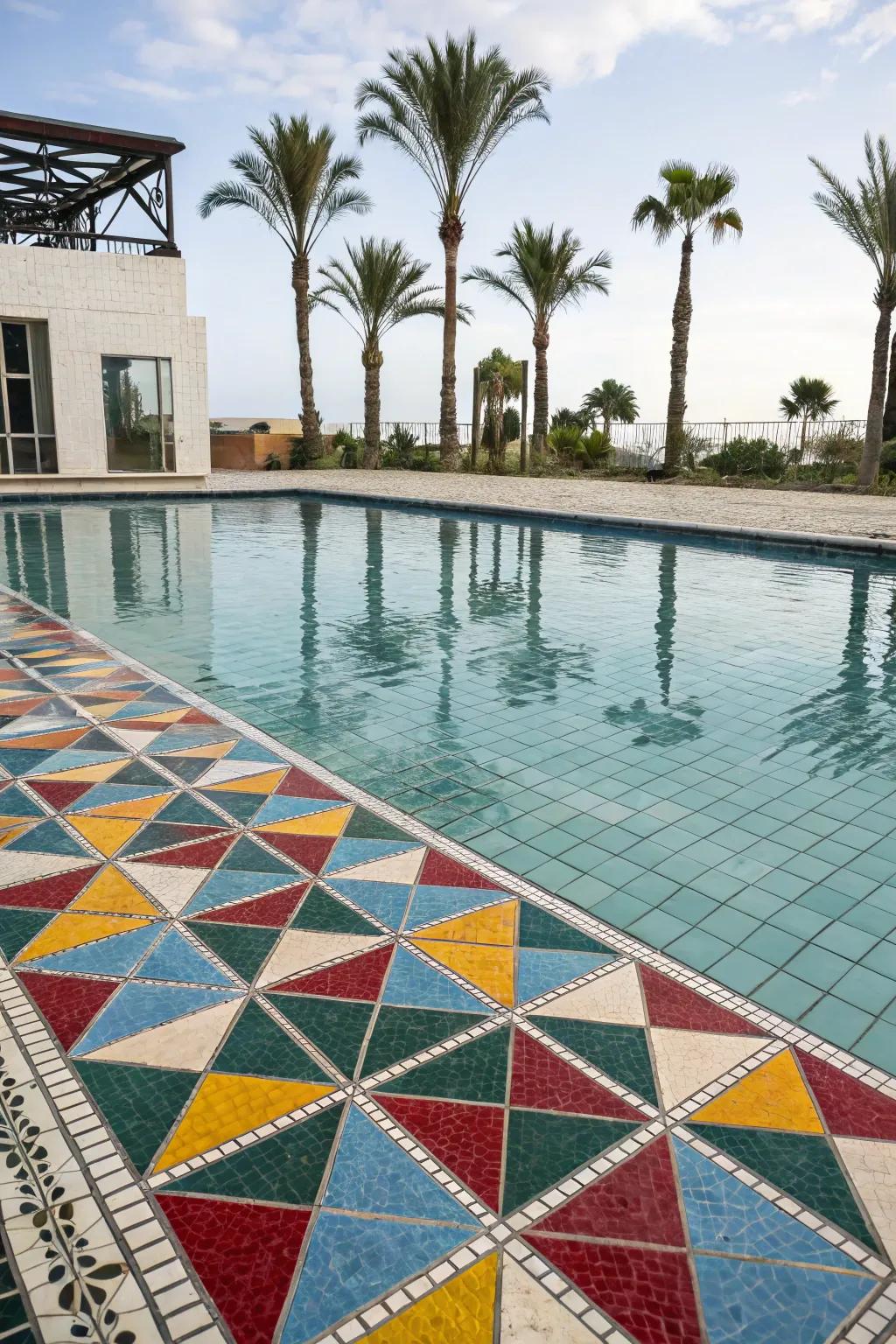 Bold geometric patterns add a modern edge to your pool.