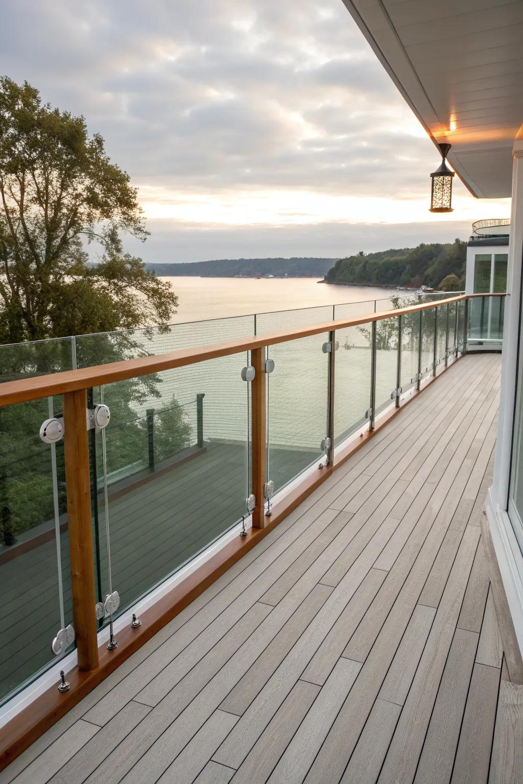 Glass railings with wooden top rails offering timeless elegance on a deck.