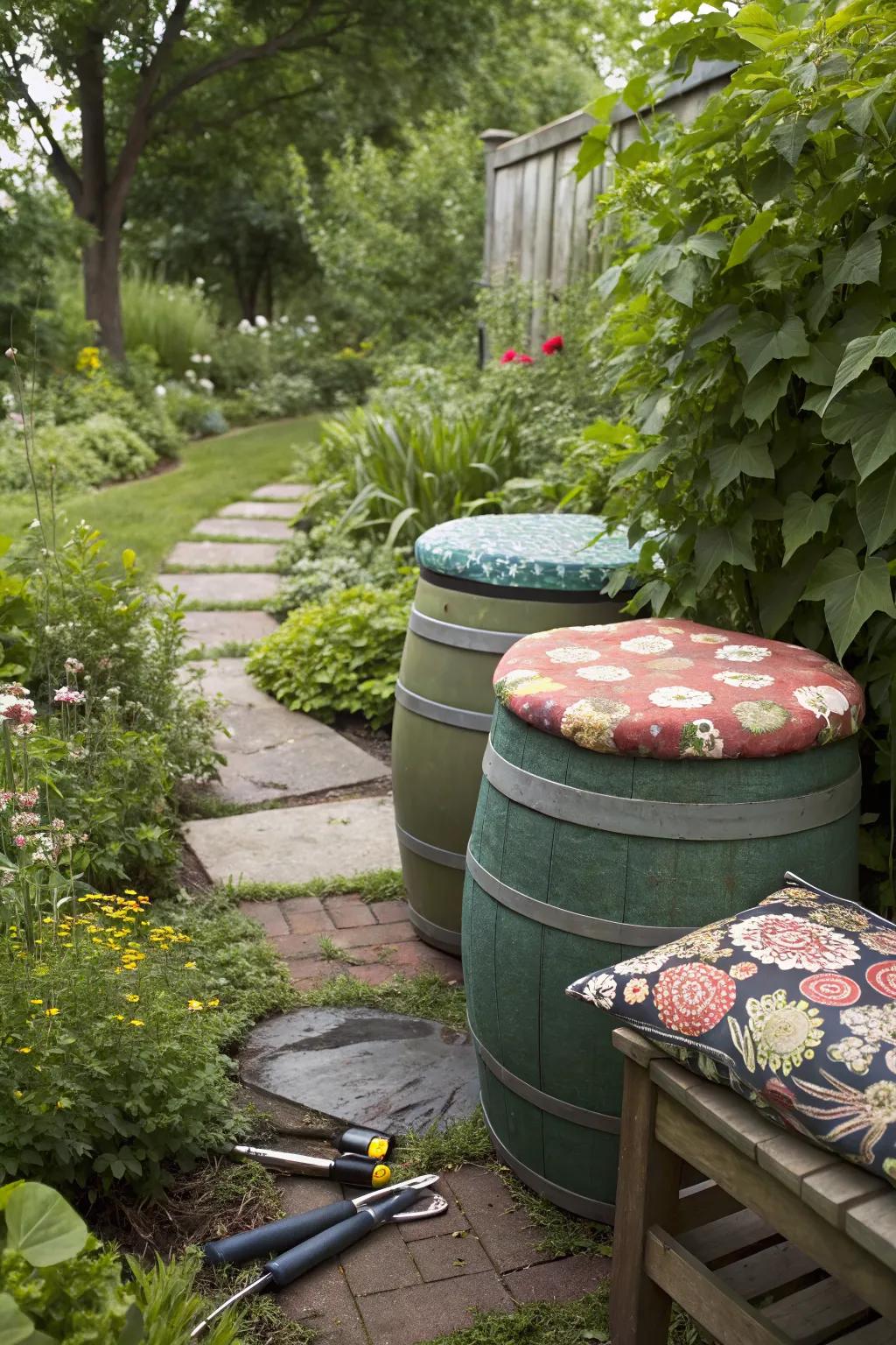 Rain barrels cleverly doubling as garden seating