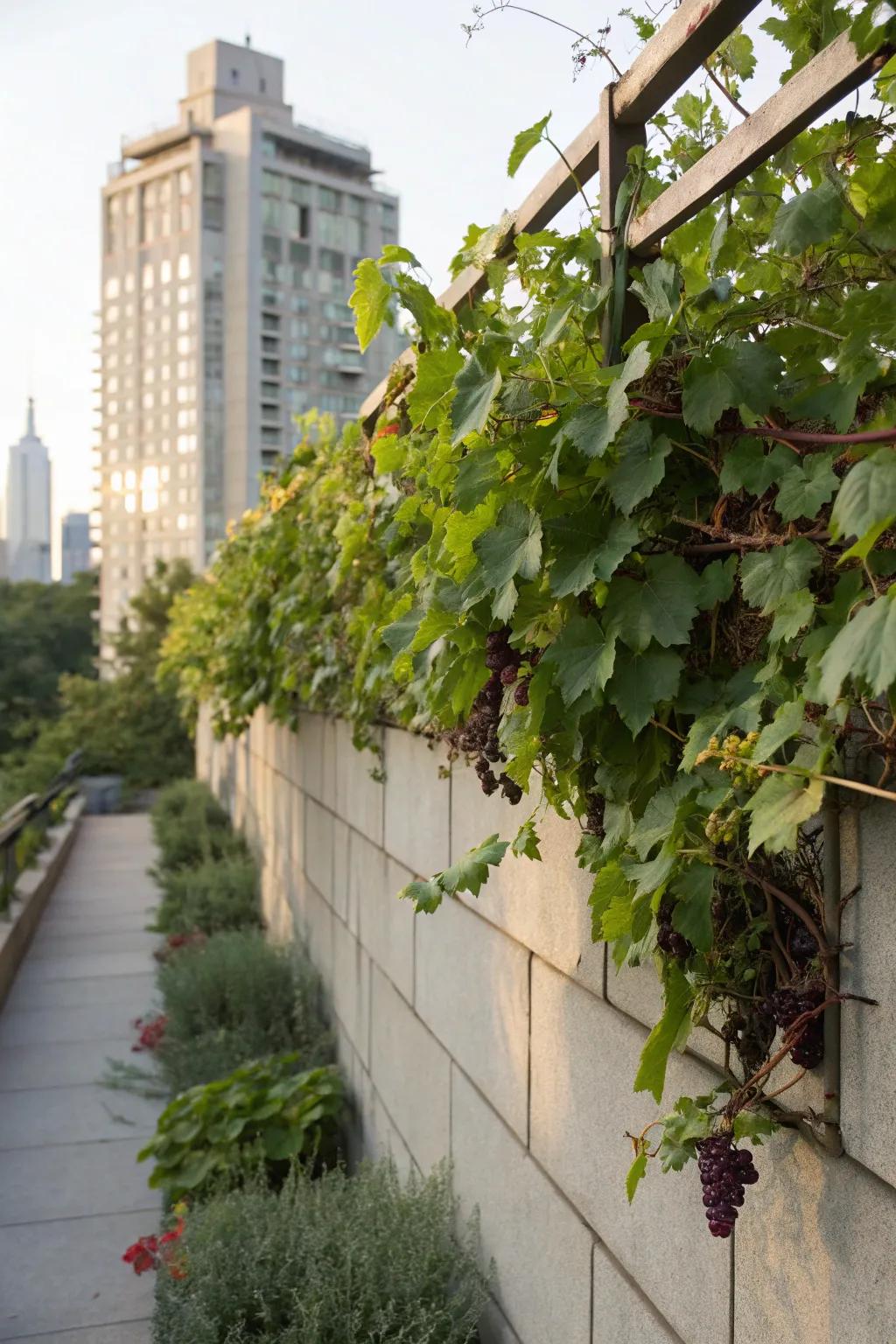 A wall-mounted trellis transforming a blank wall into a vertical grapevine garden.