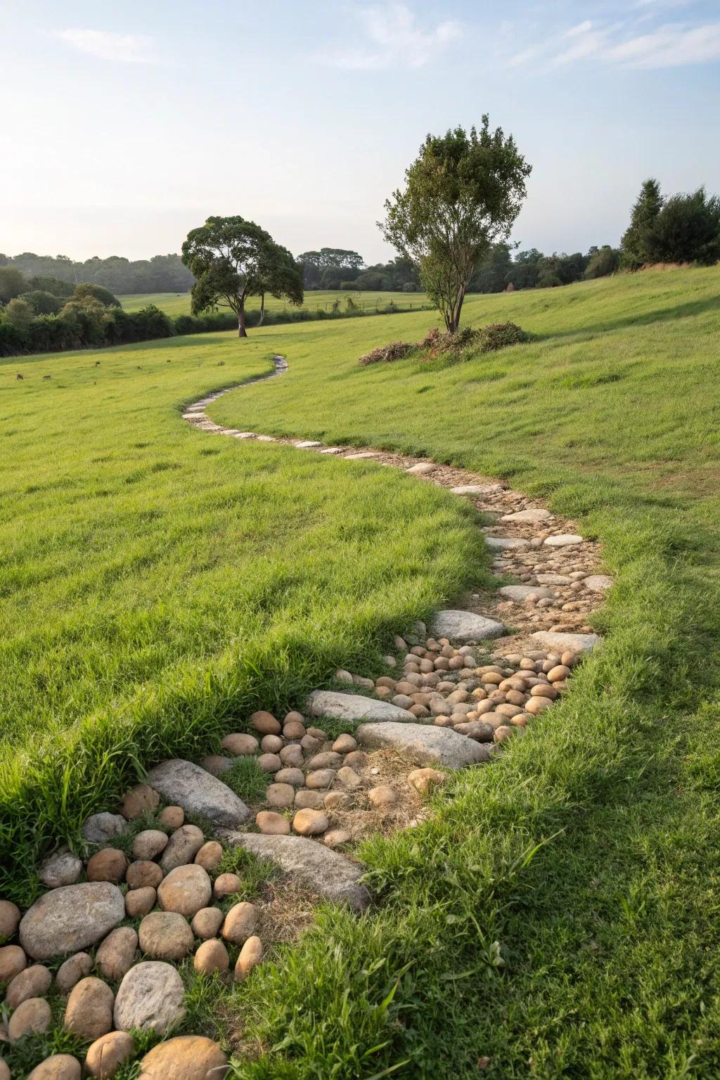 A grassy path adorned with decorative pebbles.