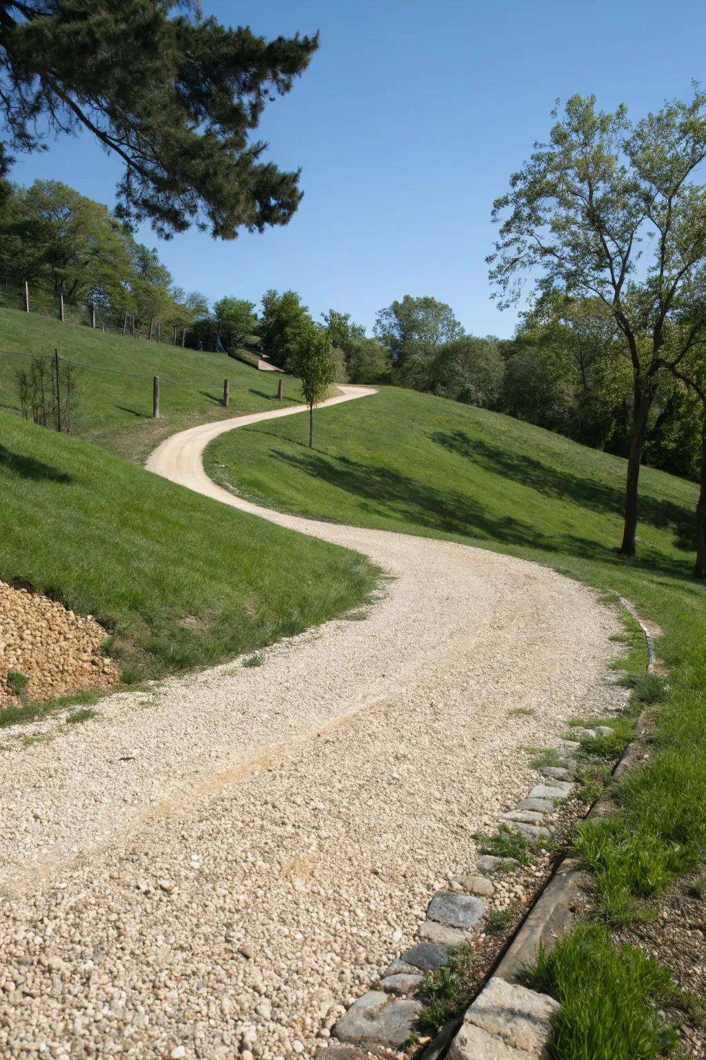 Natural slopes aiding in efficient water drainage on a driveway.