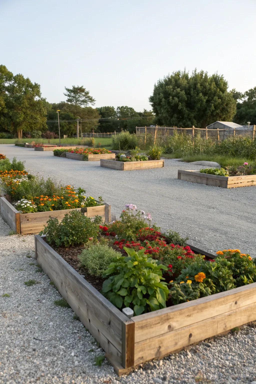 Plant beds add color and life to gravel parking areas.