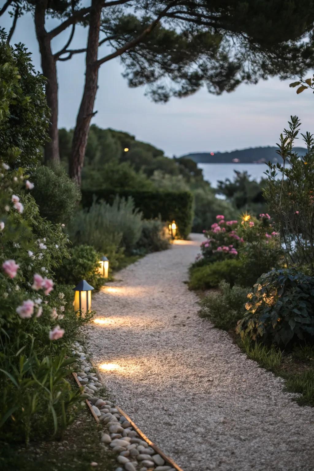 A gravel path illuminated by hidden lighting for a dramatic effect.