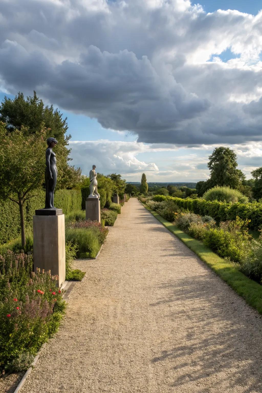 An artistic gravel path adorned with modern sculptures