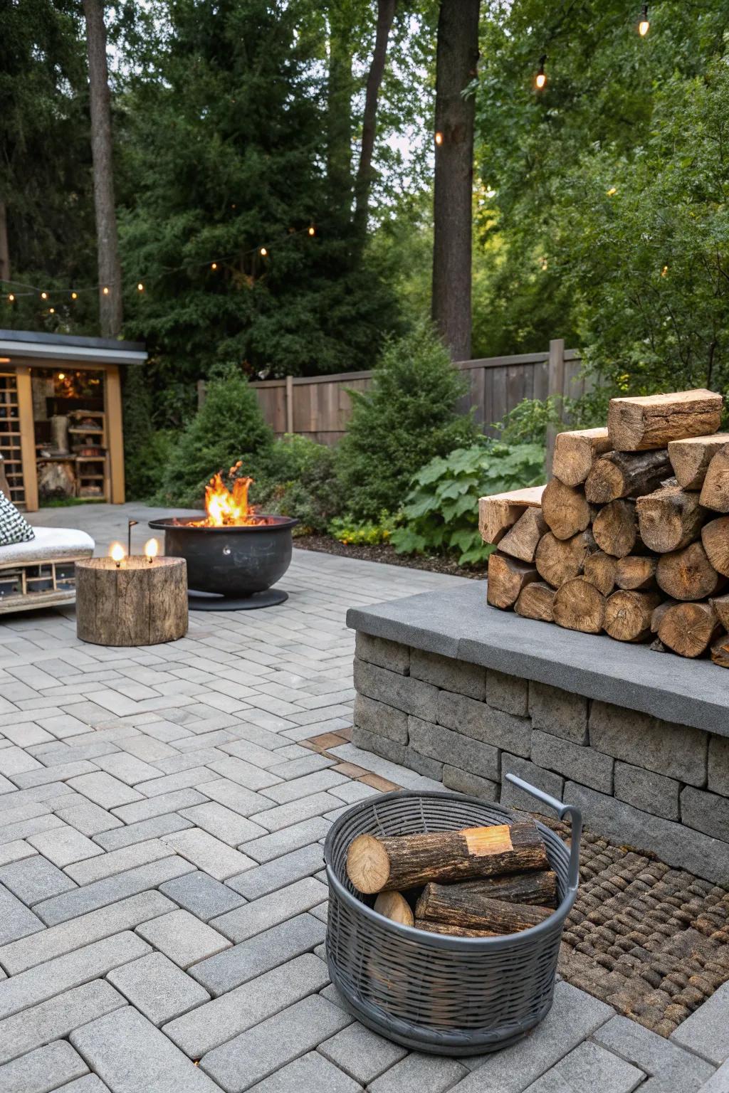 Rustic firewood storage adds charm and readiness to a gray paver patio.
