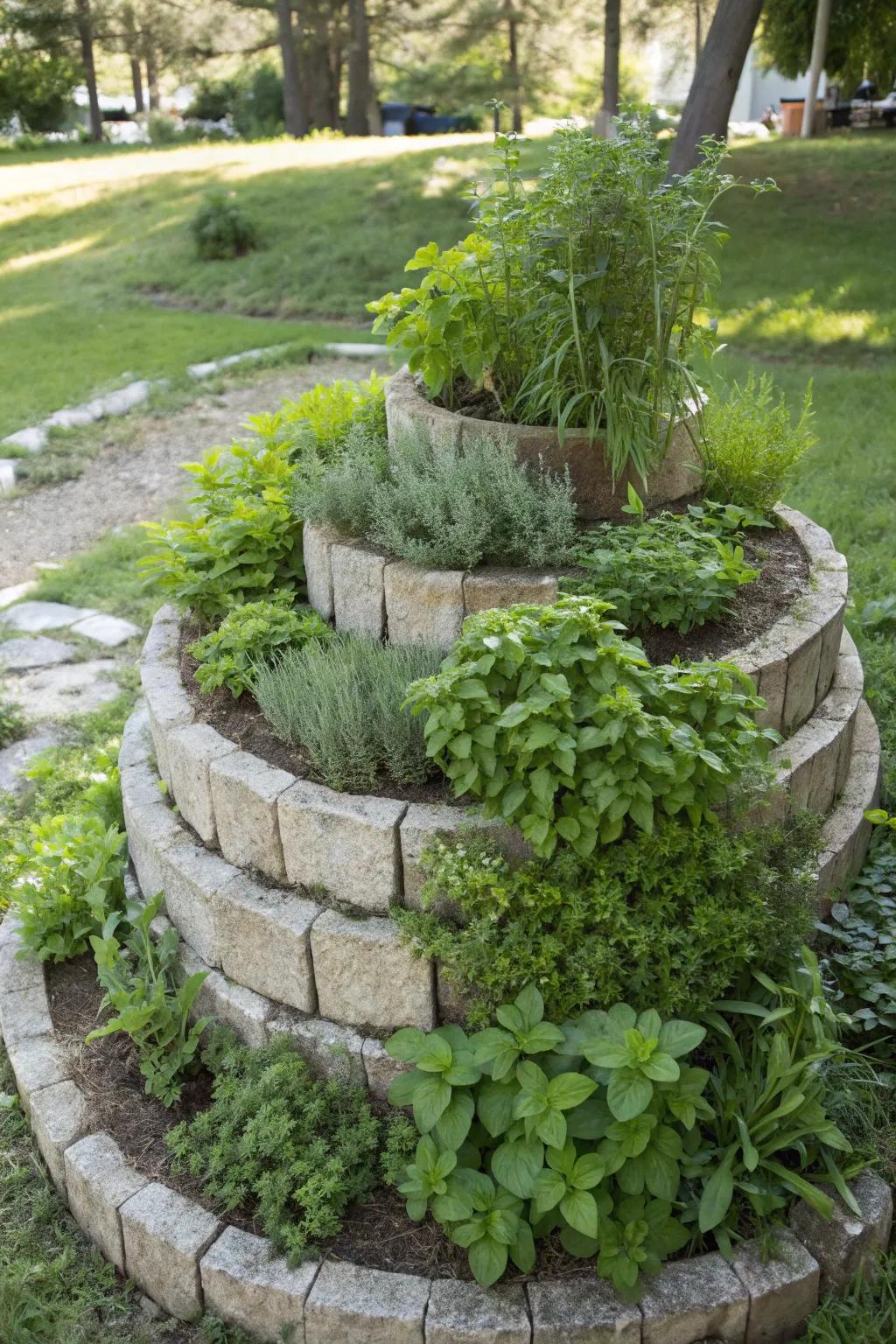 Herb spirals maximize space and add fragrance to gardens.