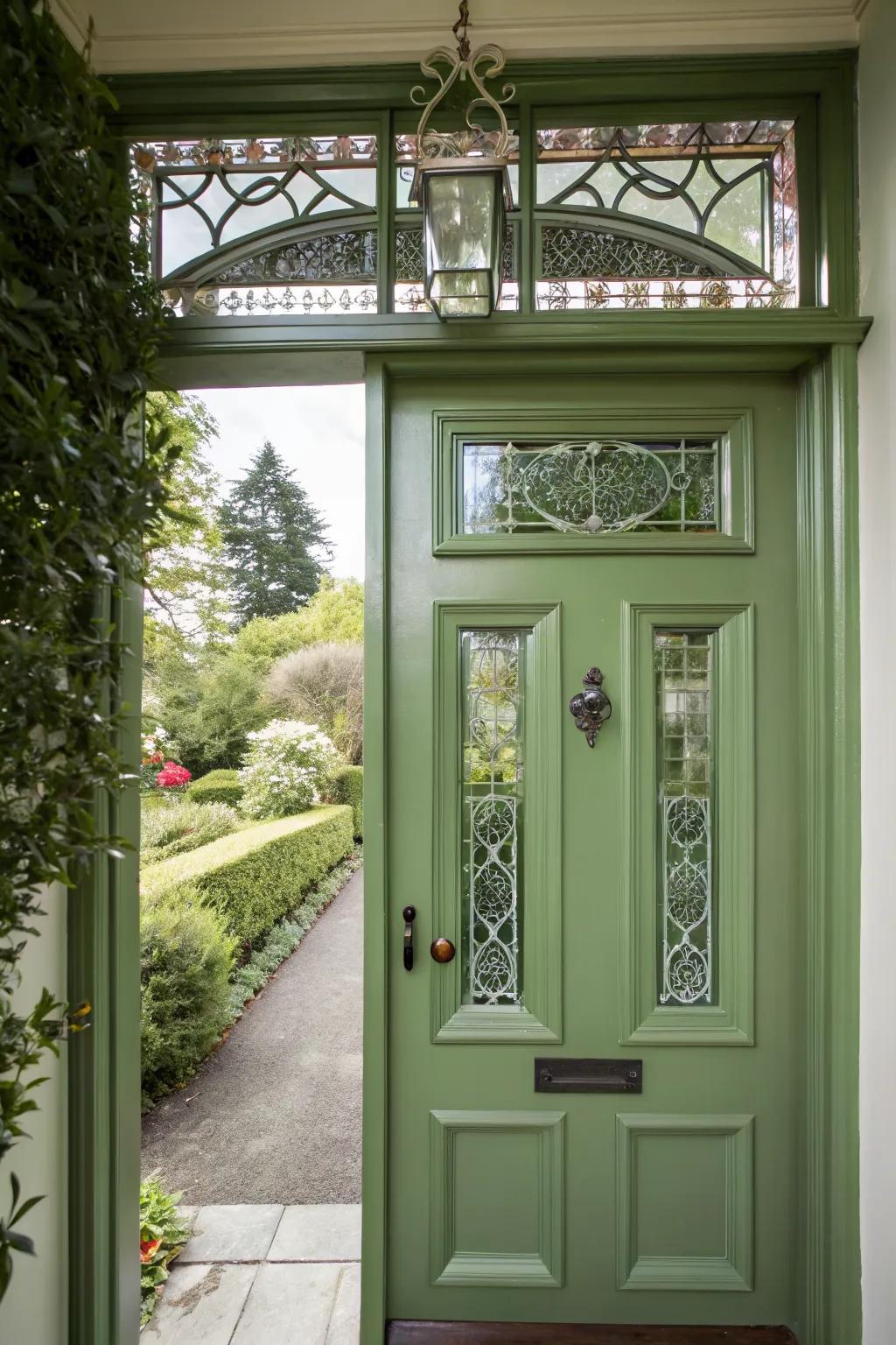 Transom windows add elegance and light to green doors.