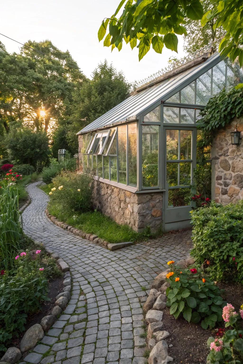 Add old-world charm with a cobbled stone base for your greenhouse.