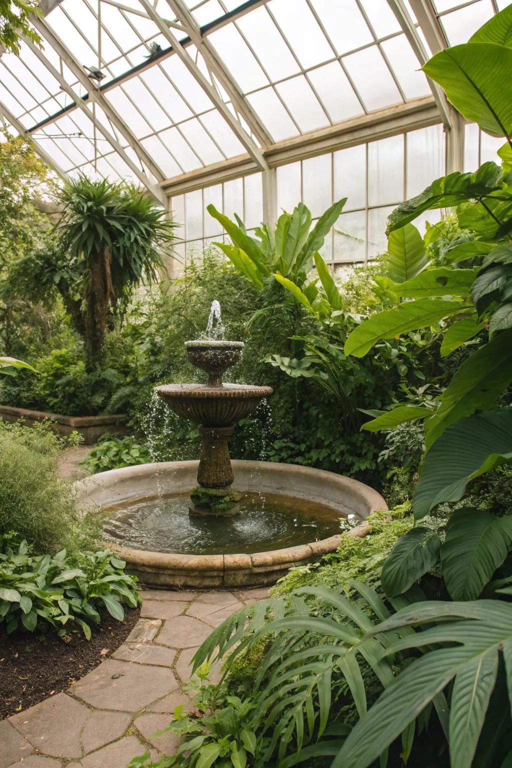 A water feature adds tranquility and enhances the greenhouse ambiance.