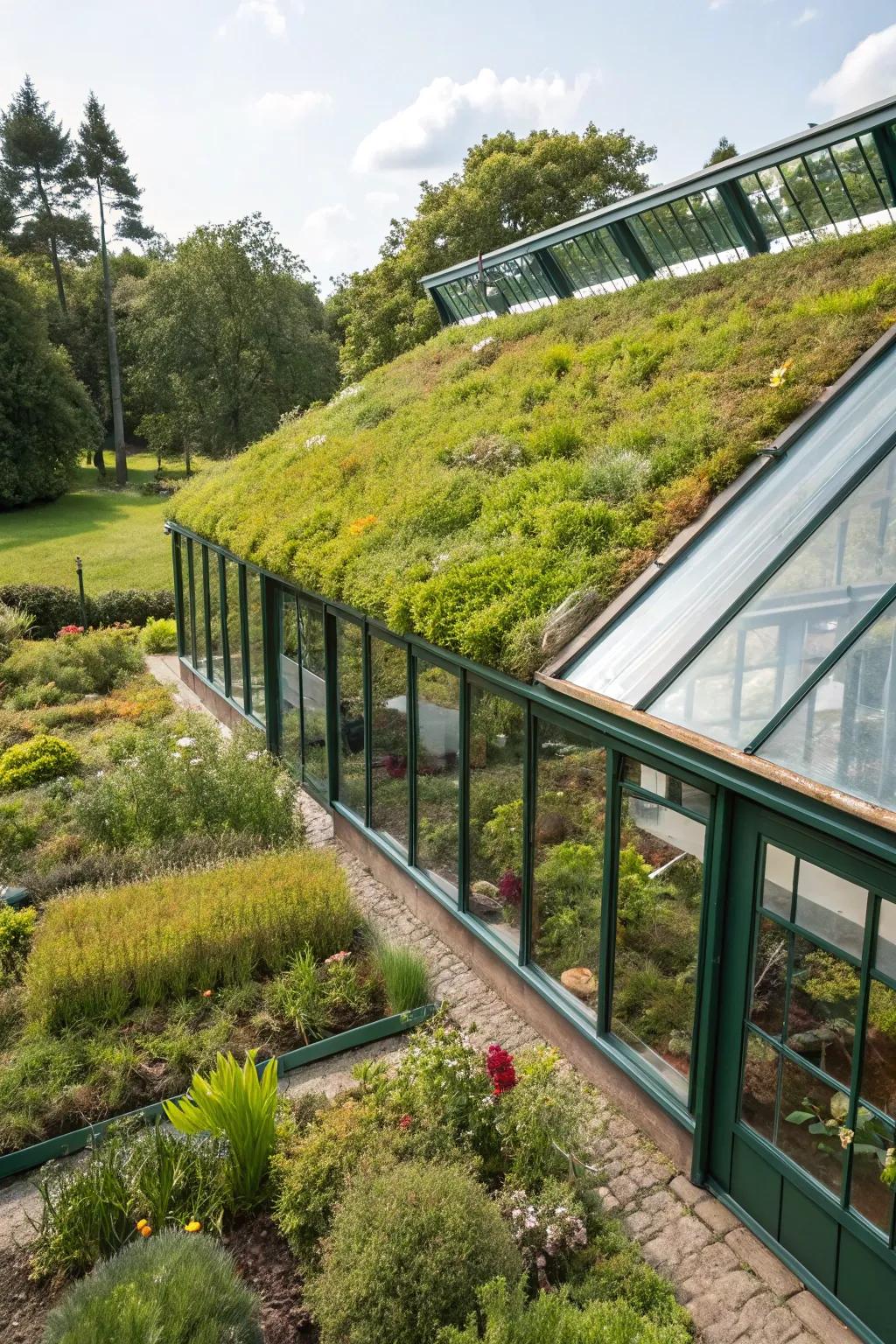 Eco-friendly greenhouse with a vibrant living roof.