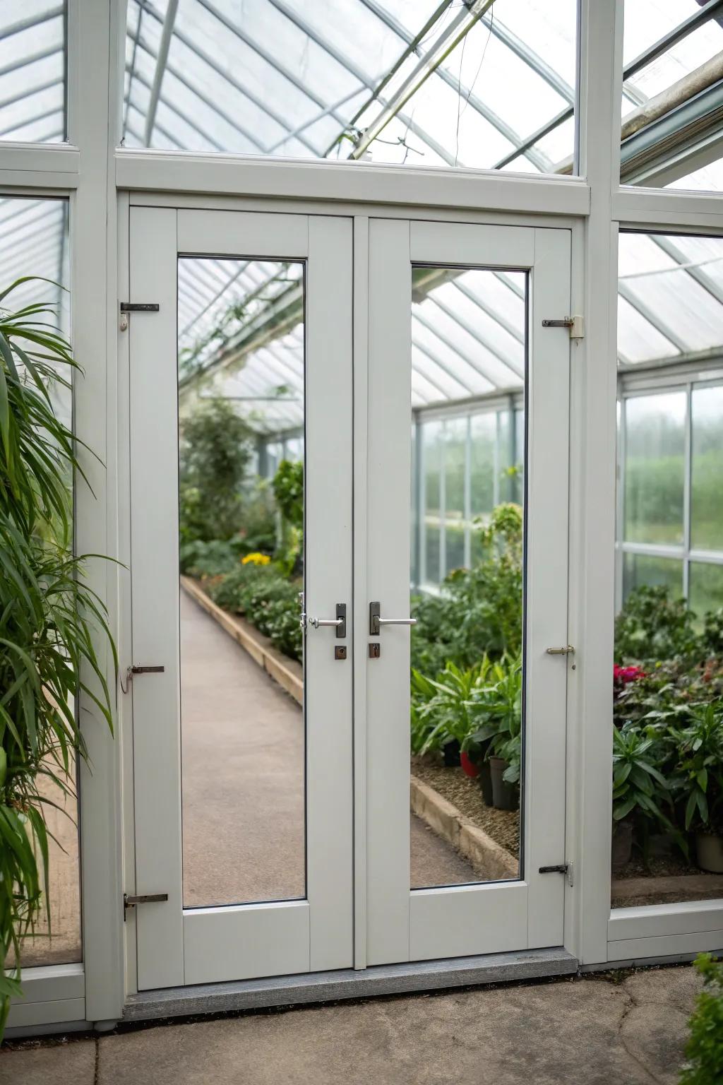 Achieve a seamless look with greenhouse doors featuring hidden hinges.